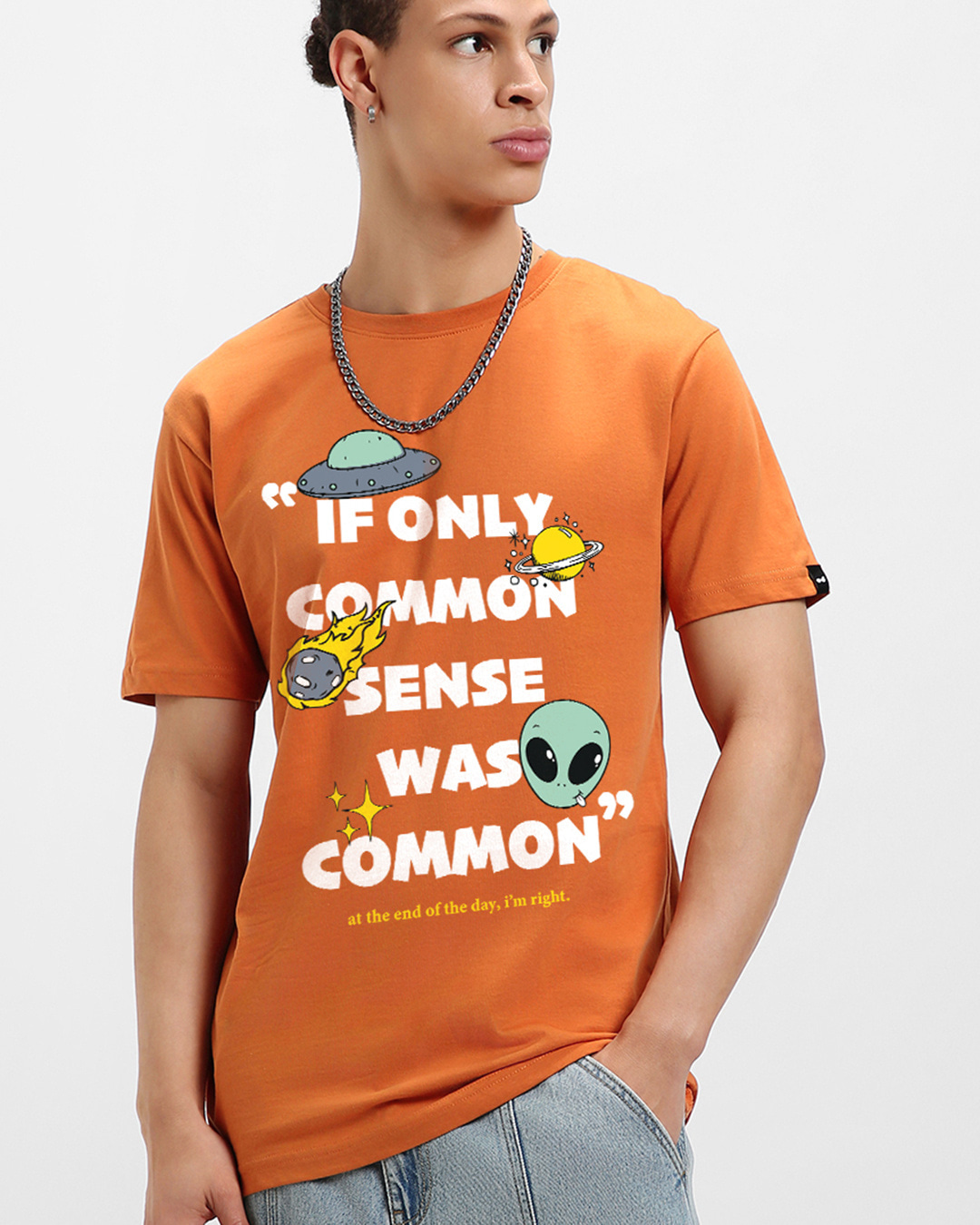 Buy Men's Orange Common Sense Graphic Printed T-shirt Online at Bewakoof