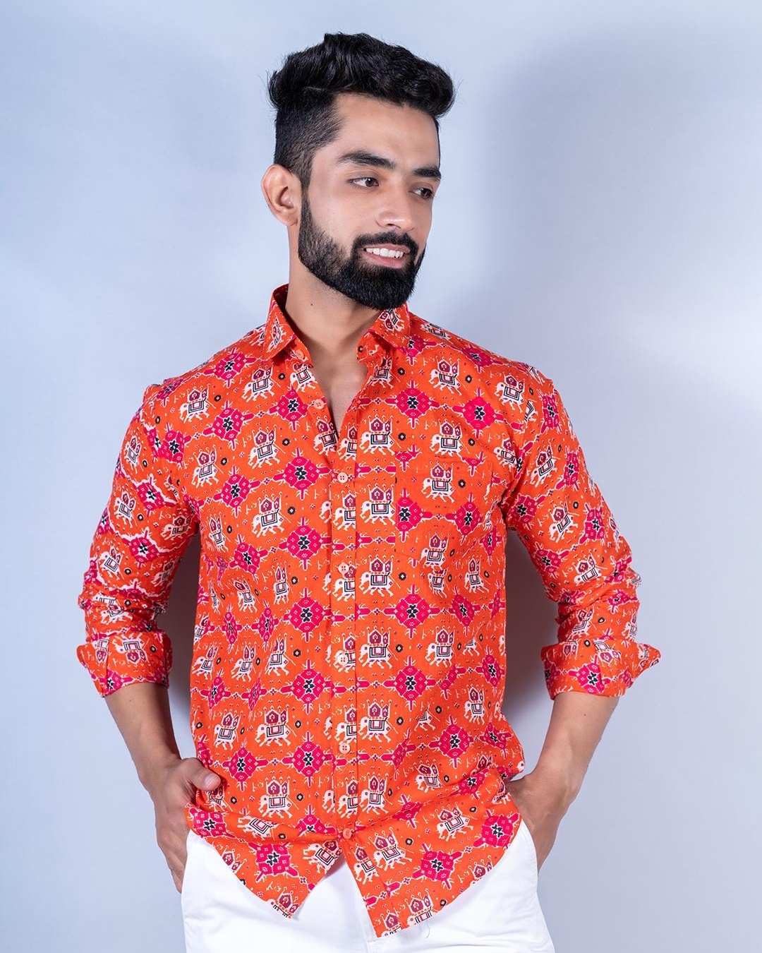 Buy Men's Orange Elephant Ikat Geometric Printed Relaxed Fit Shirt ...