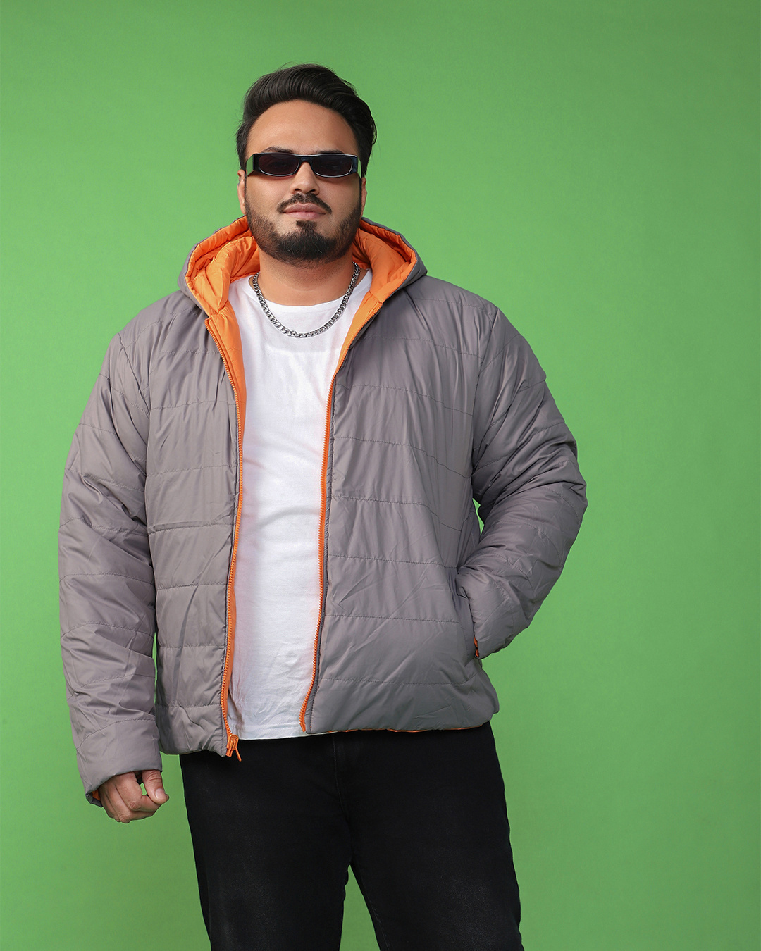 Shop Men's Orange & Grey Plus Size Reversible Puffer Jacket-Back