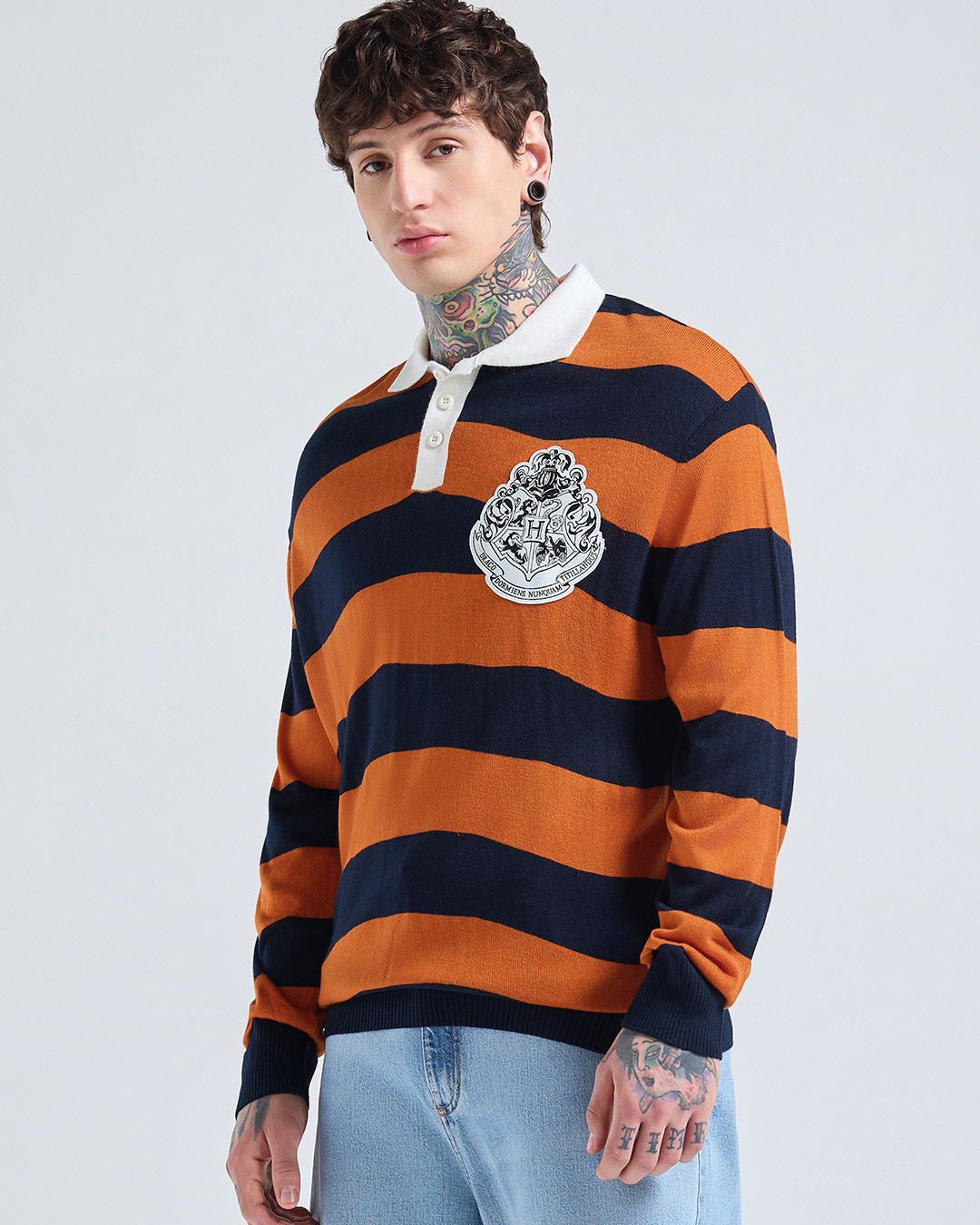 Shop Men's Orange & Navy Blue Striped Oversized Polo Sweater-Back