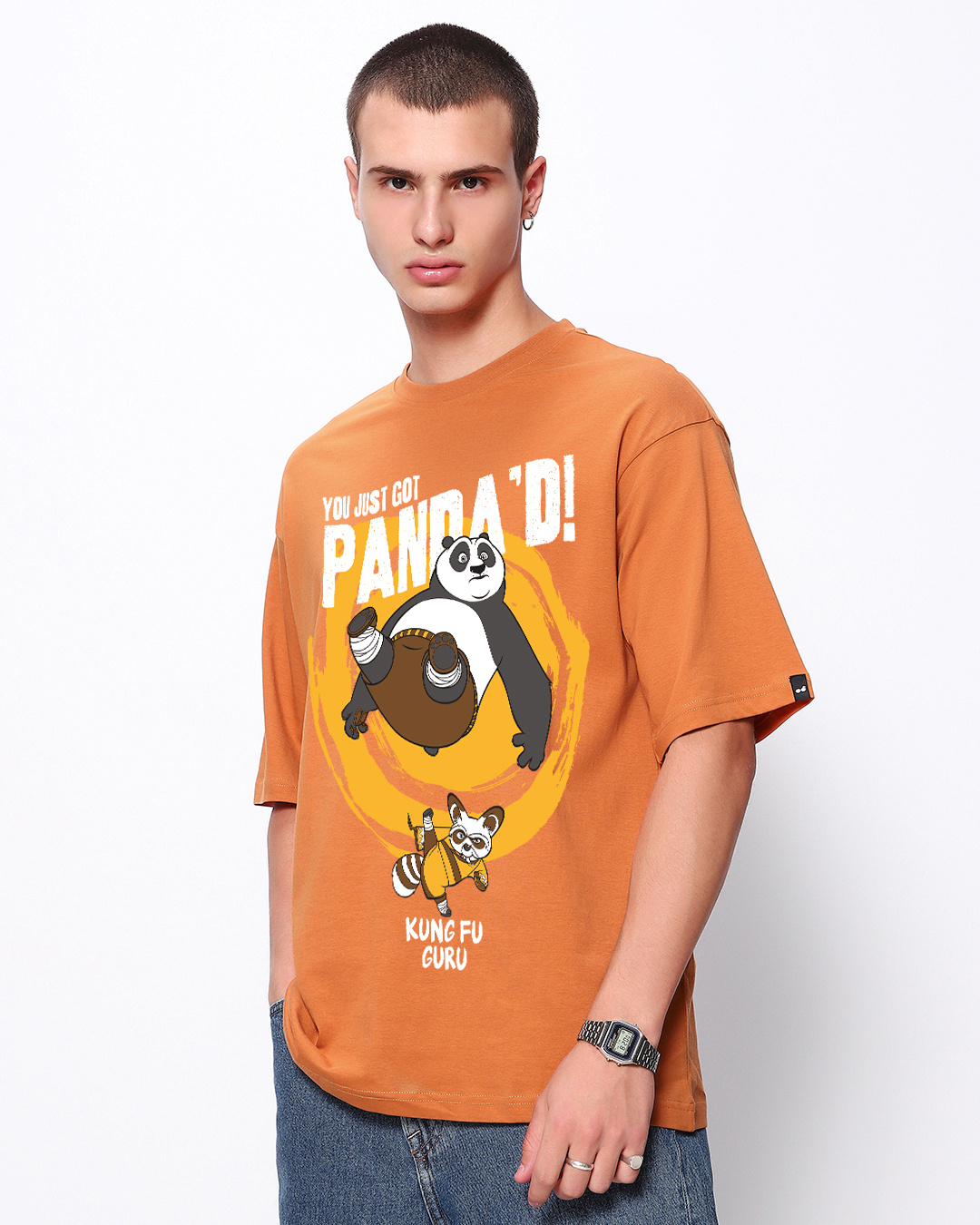 Shop Men's Orange Just Got Panda'd Graphic Printed Oversized T-shirt-Back