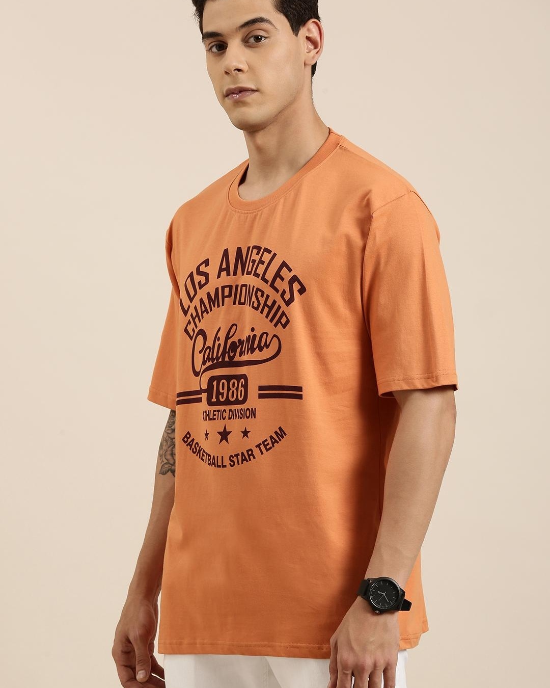 Buy Men's Orange Los Angeles Typography Oversized Tshirt Online at
