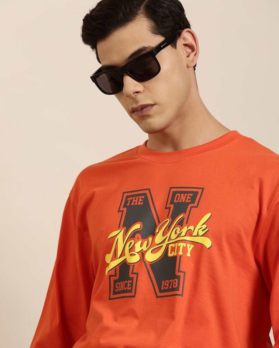 Shop Men's Orange New York Typography Oversized T-shirt-Back