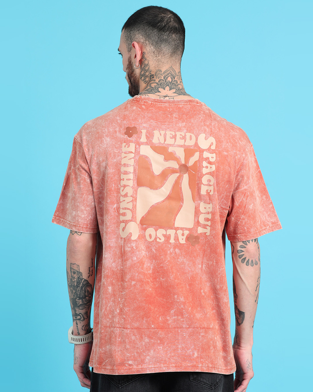 Buy Men's Orange Oversized Acid Wash T-shirt Online at Bewakoof image.