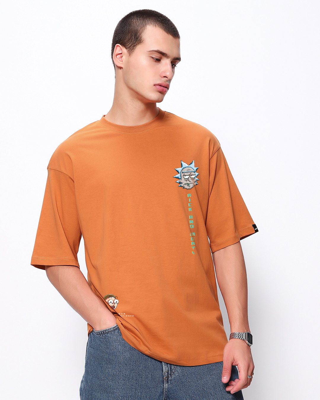 Shop Men's Orange Pixel Rick & Morty Graphic Printed Oversized T-shirt-Back