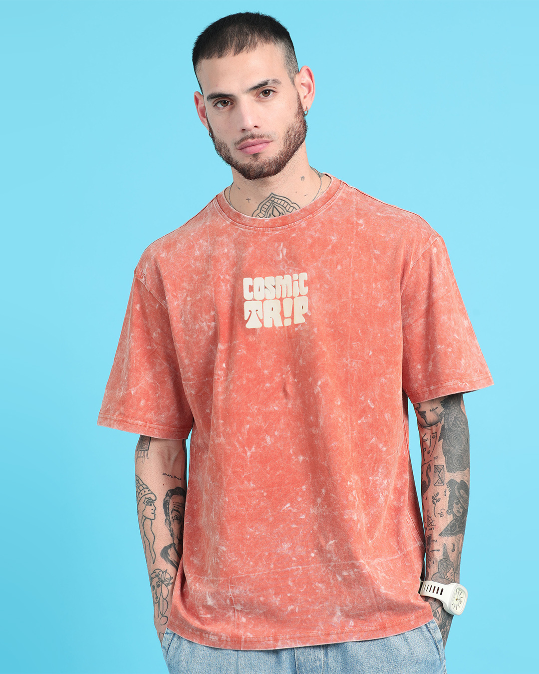 Buy Men's Orange Puff Printed Oversized Acid Wash T-shirt Online at ...