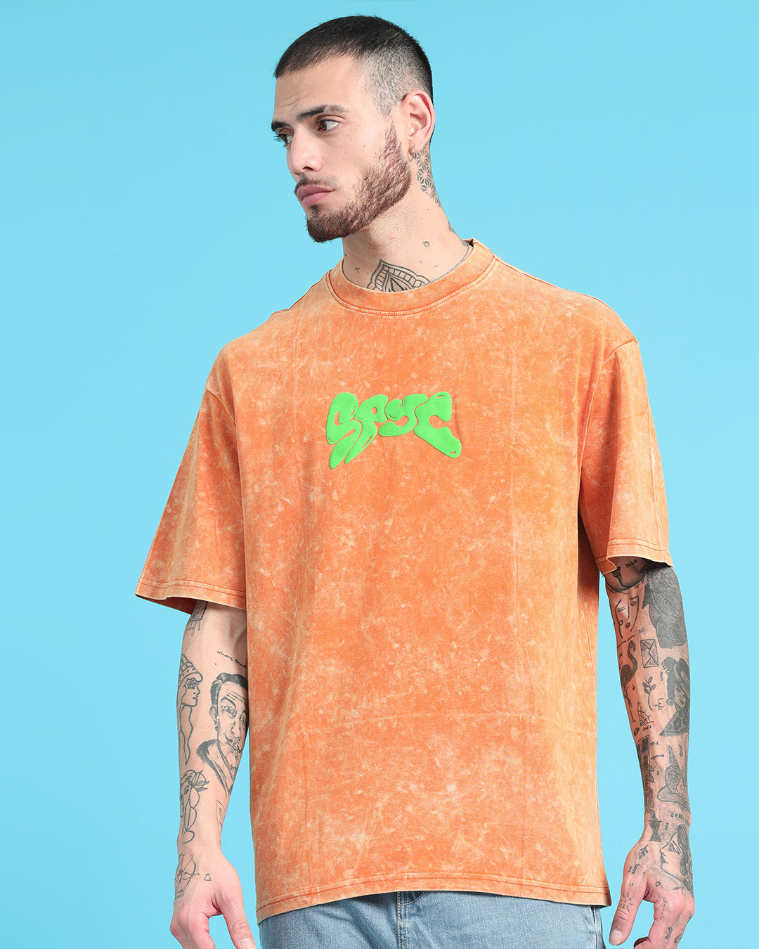 Buy Men's Orange Puff Printed Oversized Acid Wash T-shirt Online at ...