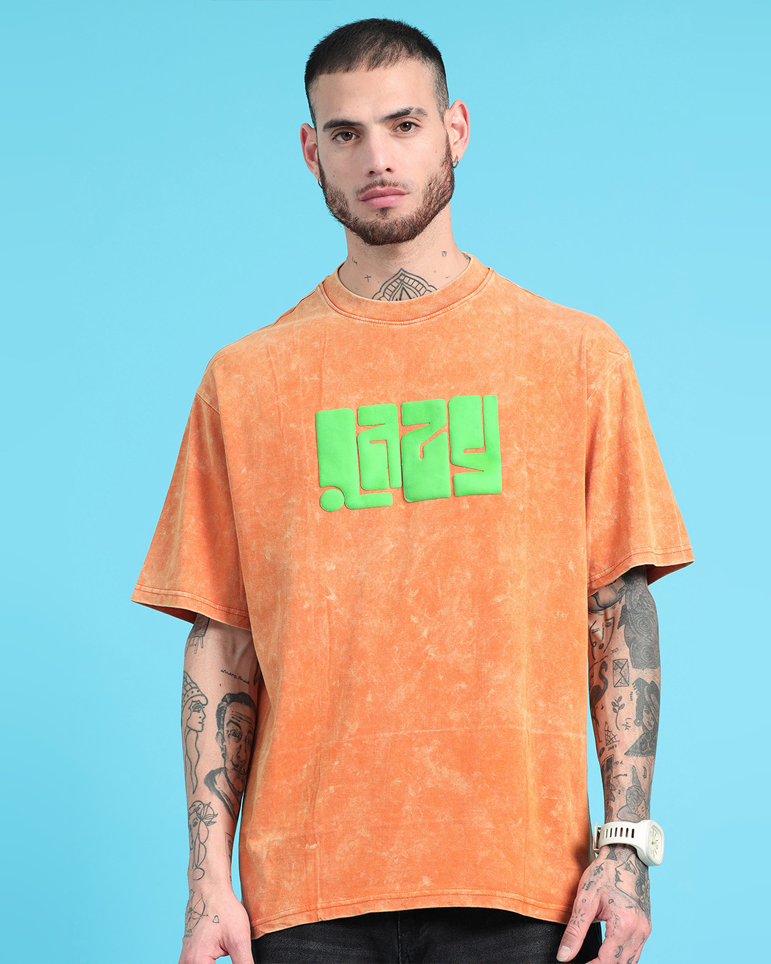 Buy Men's Orange Puff Printed Oversized Acid Wash T-shirt Online at ...