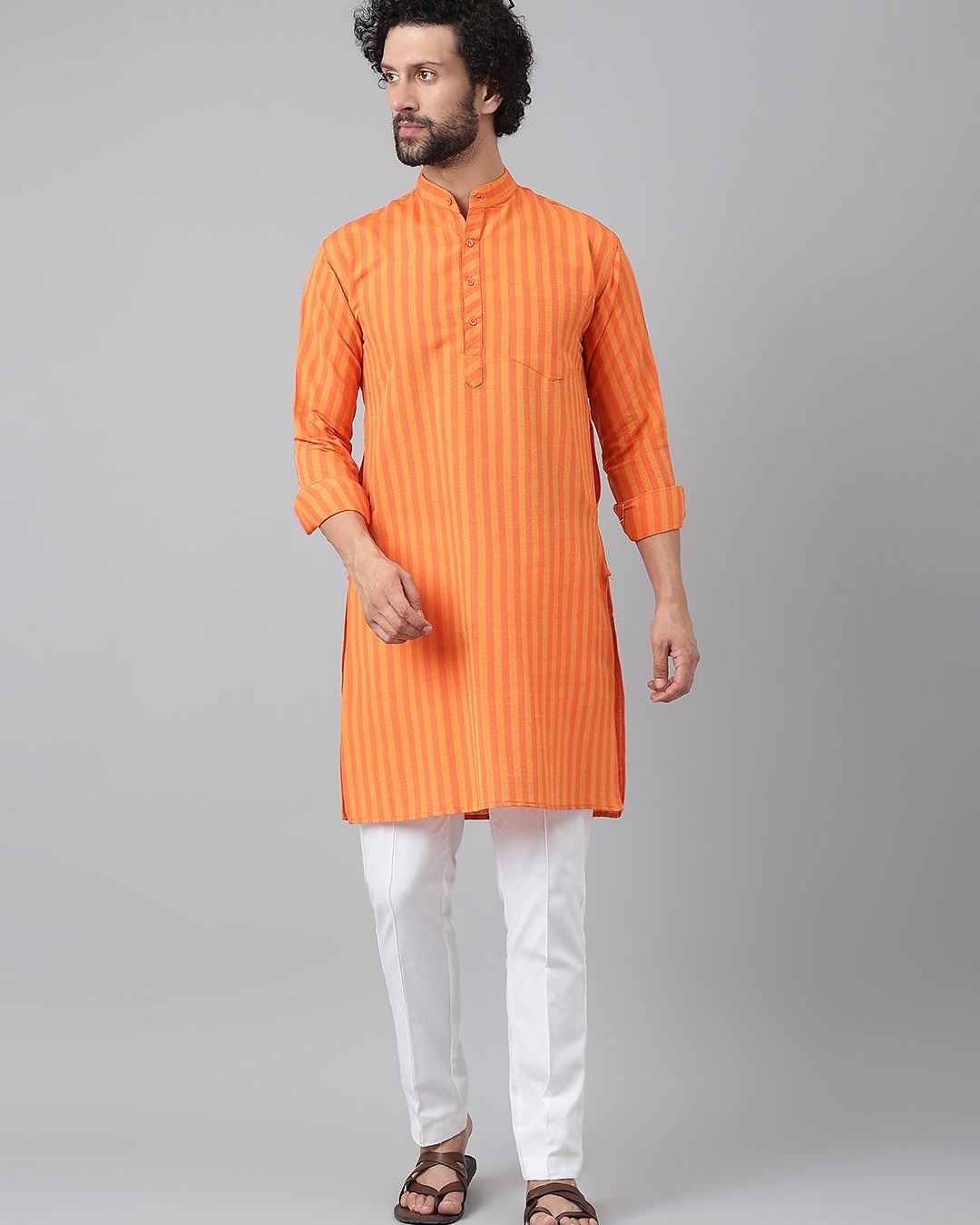 Buy Men's Orange Striped Kurta with White Pyjama Set Online in India at ...