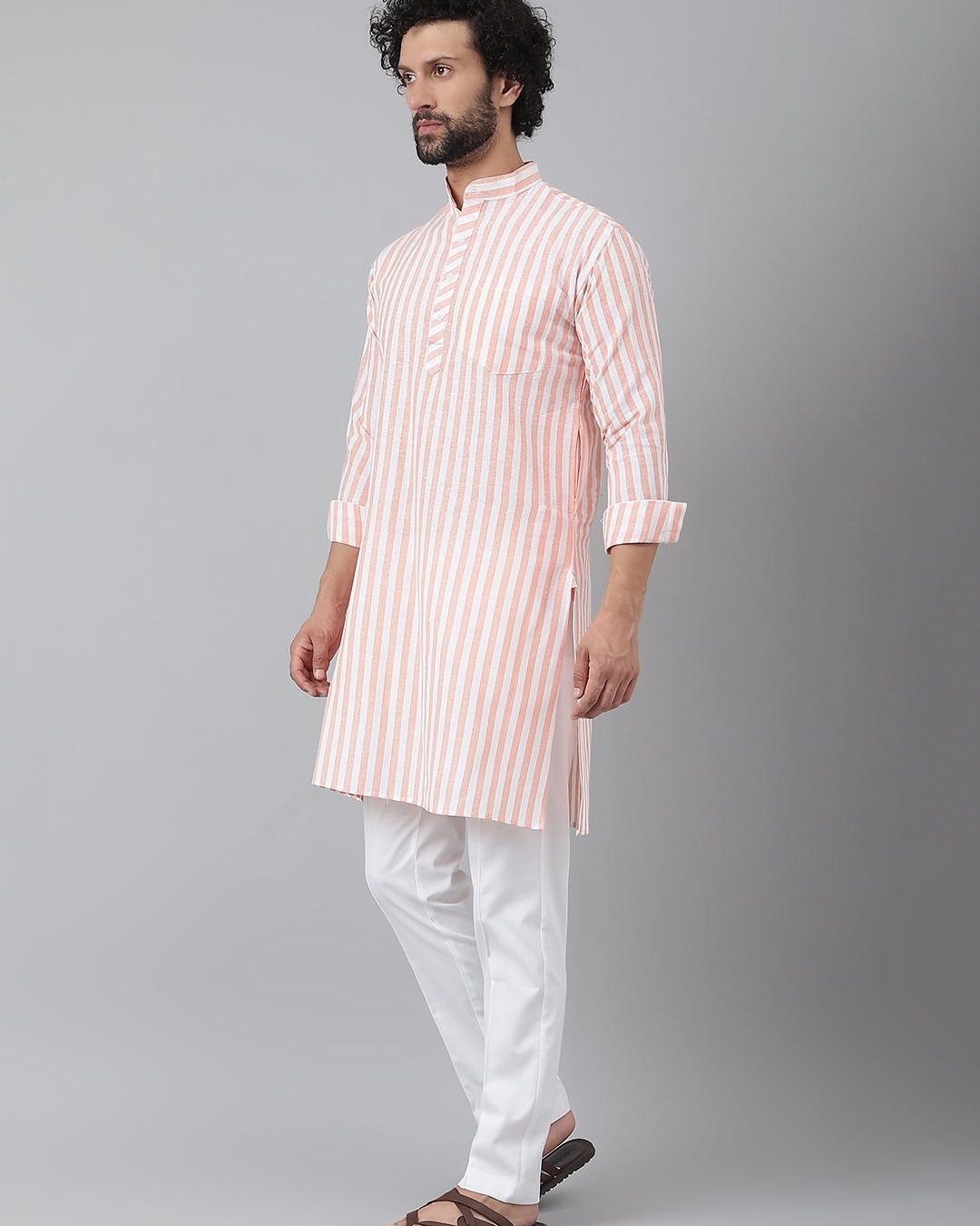 Shop Men's Orange Striped Kurta with White Pyjama Set-Back