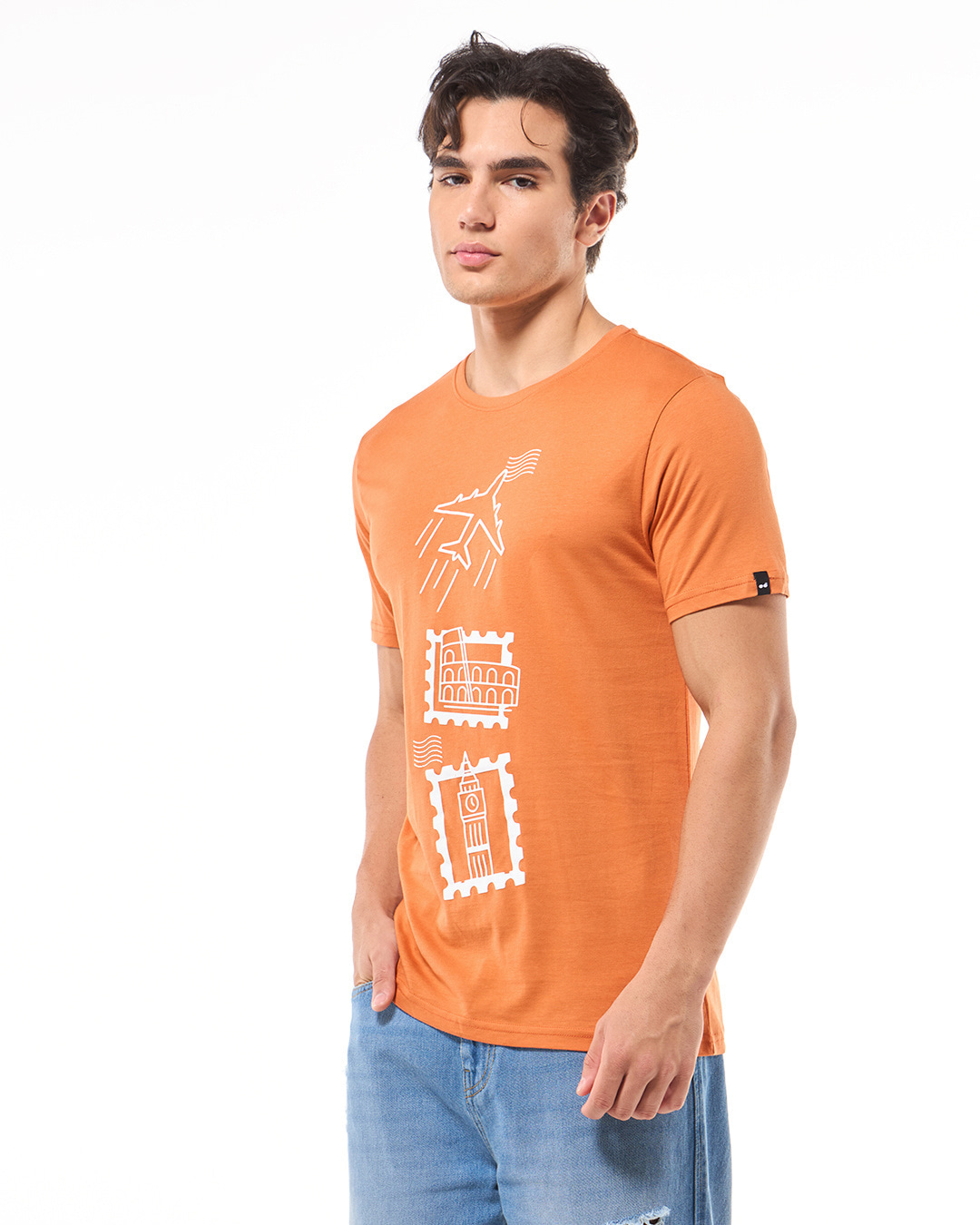 Shop Men's Orange Travel Stamp Graphic Printed T-shirt-Back