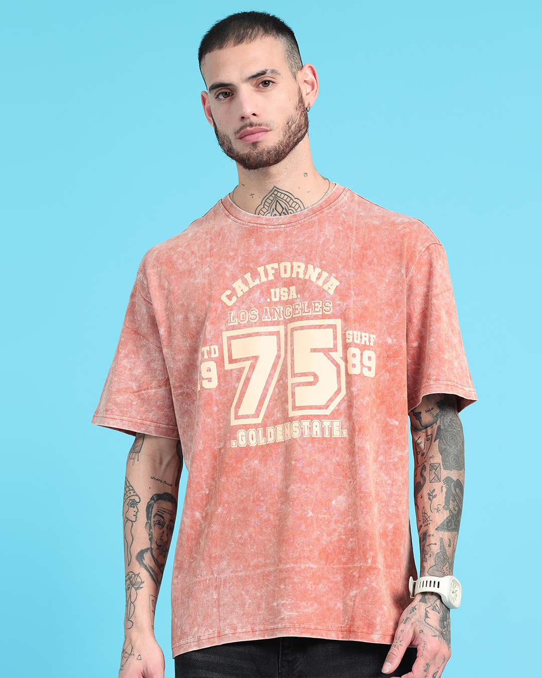 Buy Men's Orange Typography Oversized Acid Wash T-shirt Online at Bewakoof