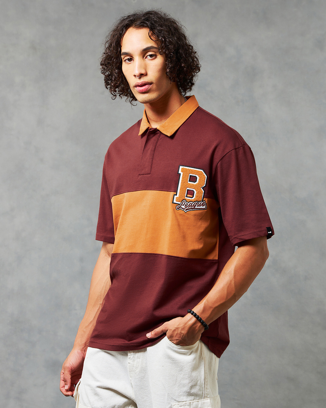 Shop Men's Brick Red & Orange B League Color Block Oversized Polo T-shirt-Back