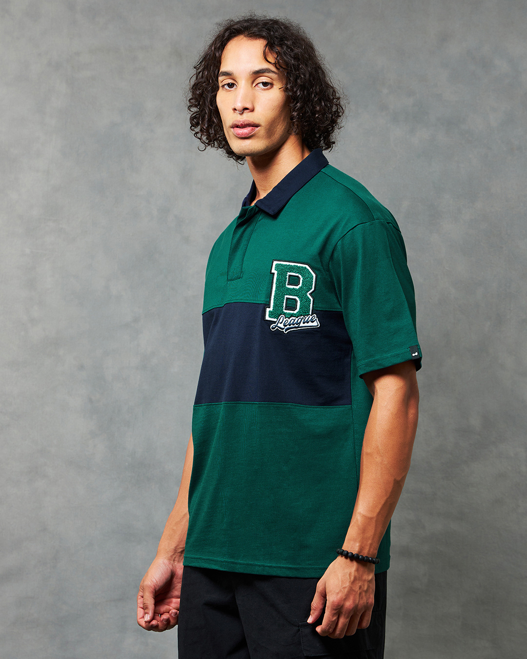 Shop Men's Green & Blue B League Color Block Oversized Polo T-shirt-Back