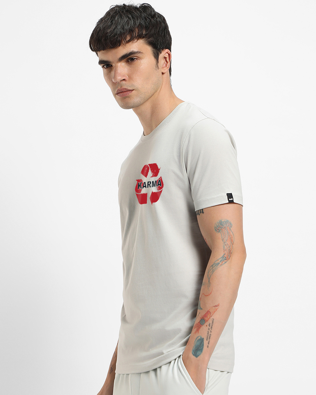 Shop Men's Oyester Mushroom Grey Karma Recycle Graphic Printed T-shirt-Back