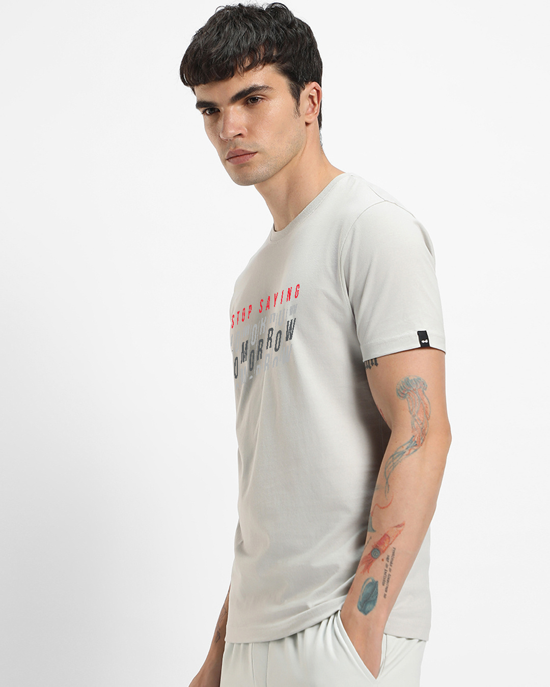 Shop Men's Oyester Mushroom Grey Stop Saying Tomorrow Typography T-shirt-Back