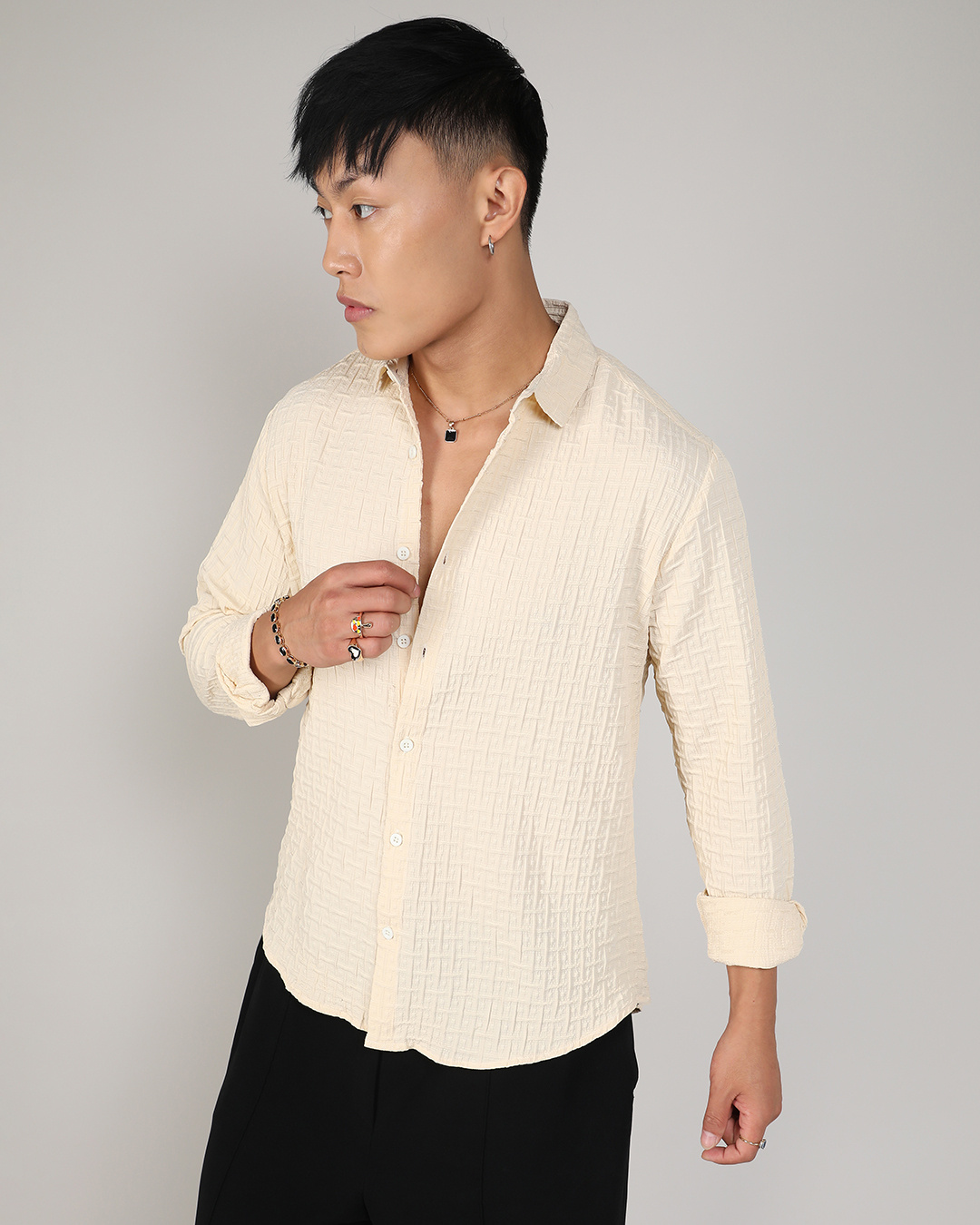 Shop Men's Pale Yellow Textured Relaxed Fit Shirt-Back