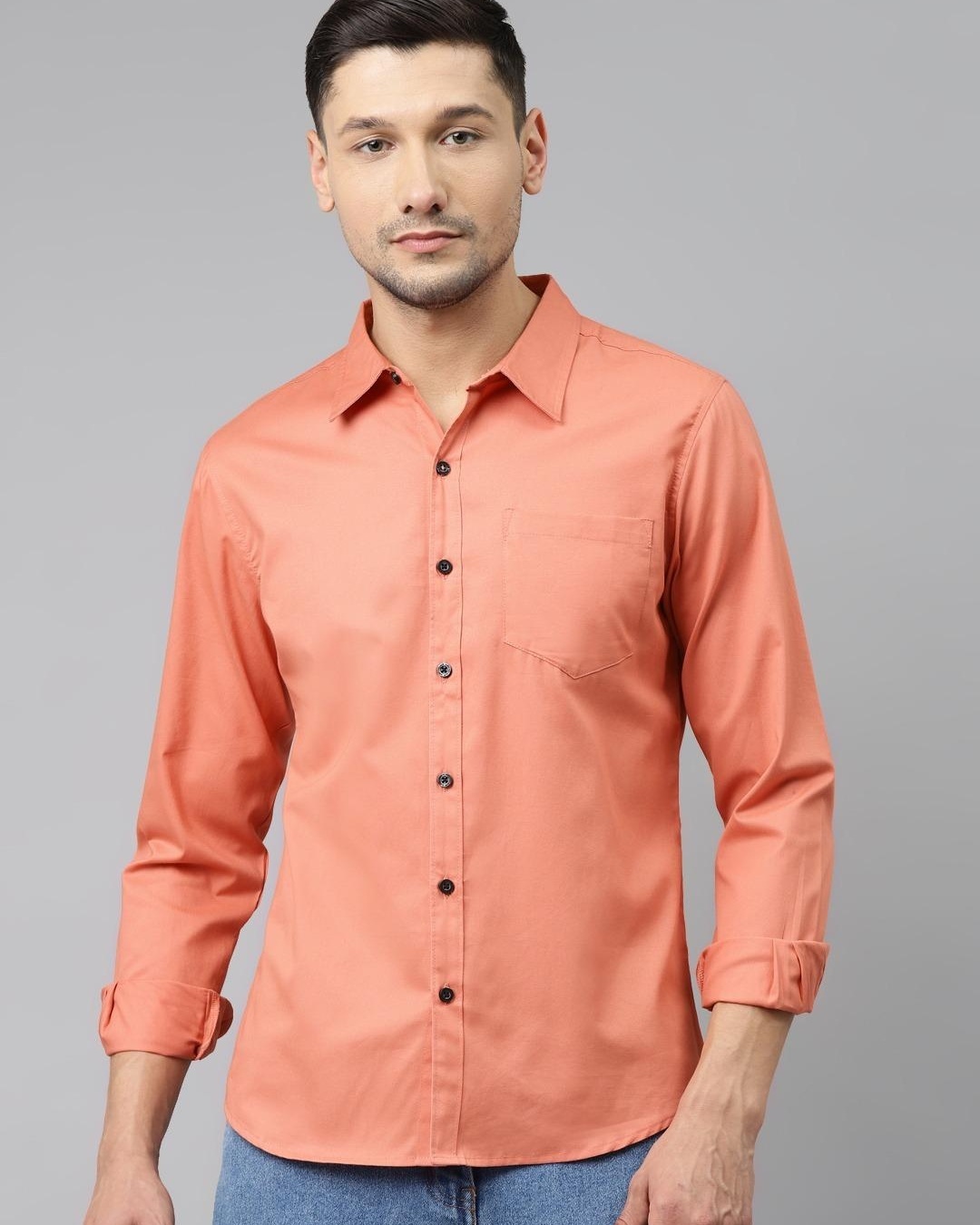 Men's Peach Premium Relaxed Fit Self Designed Cotton Casual Shirt