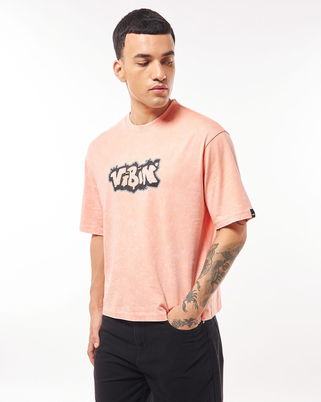 Shop Men's Peach Vibin Graphic Printed Oversized Acid Wash  T-shirt-Back