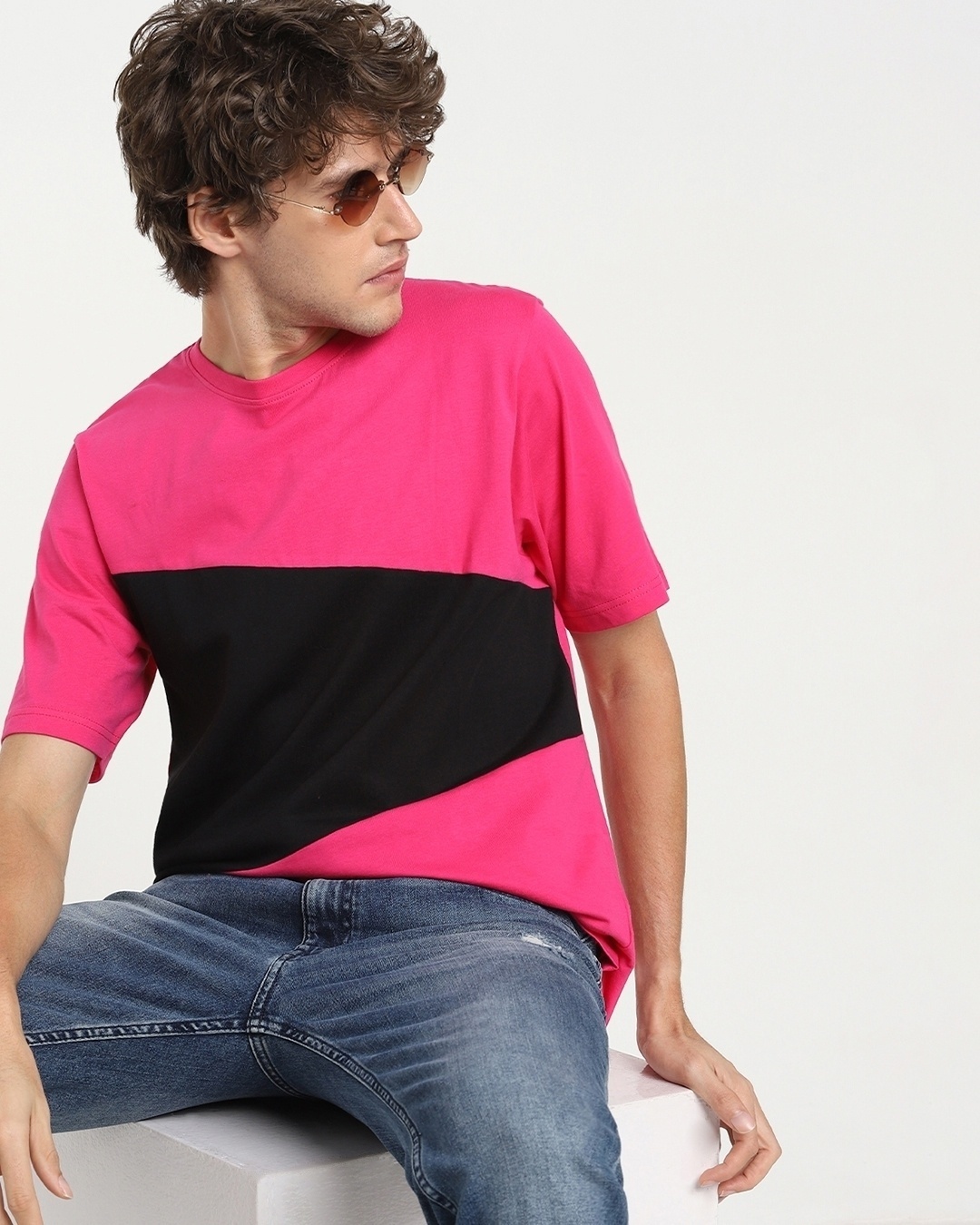 Shop Men's Peppy Pink Color Block Oversized T-shirt-Front