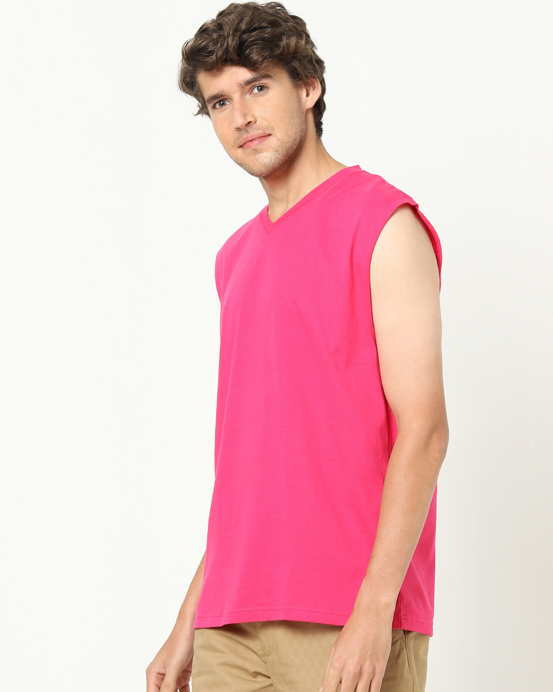 Shop Men's Peppy Pink V Neck T-shirt-Back