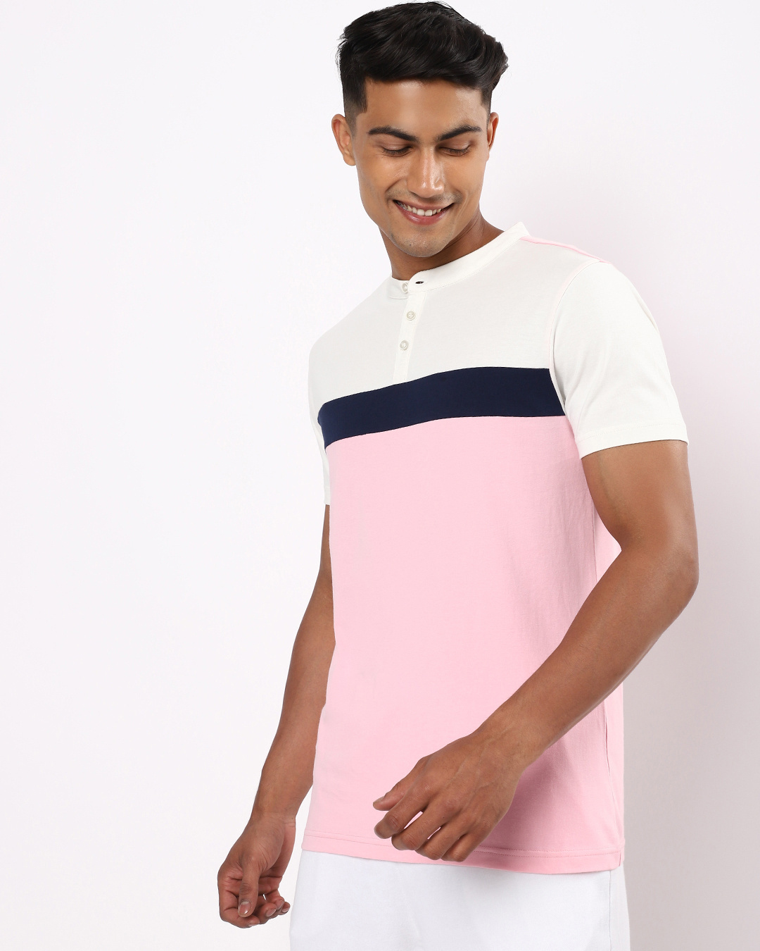 Shop Men's Pink and White Color Block Henley T-shirt-Back