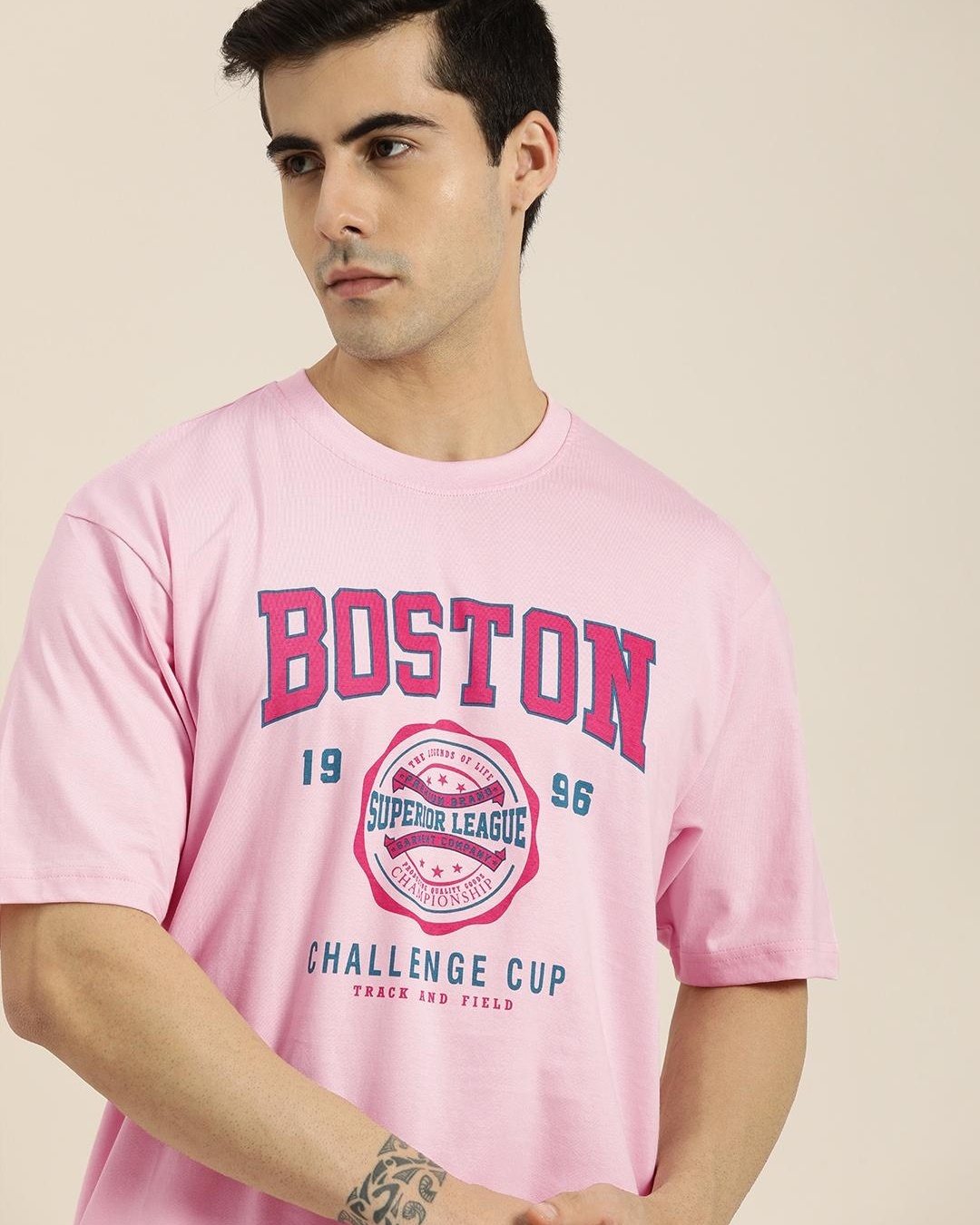 Buy Men's Pink Boston Typography Oversized T-shirt Online at Bewakoof