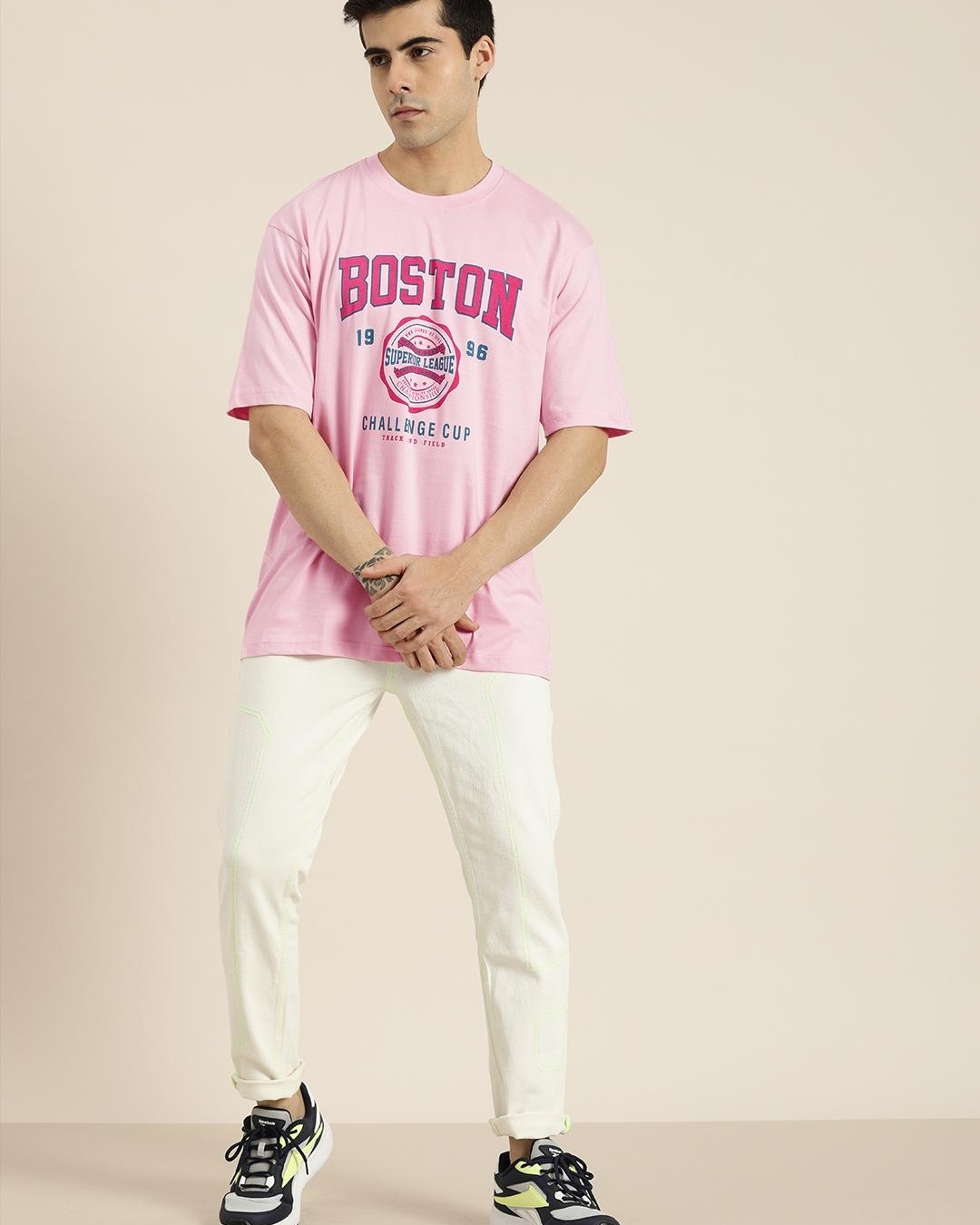 Buy Men's Pink Boston Typography Oversized T-shirt Online at Bewakoof