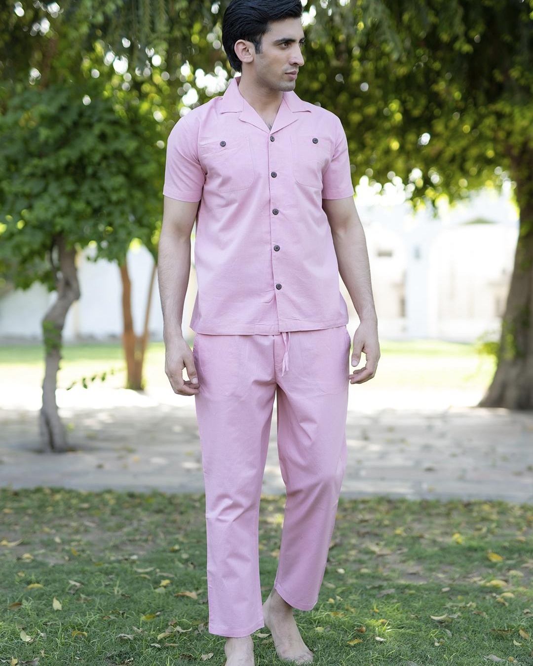 Men's Abstract Cuban Collar Pink Co-Ords Set