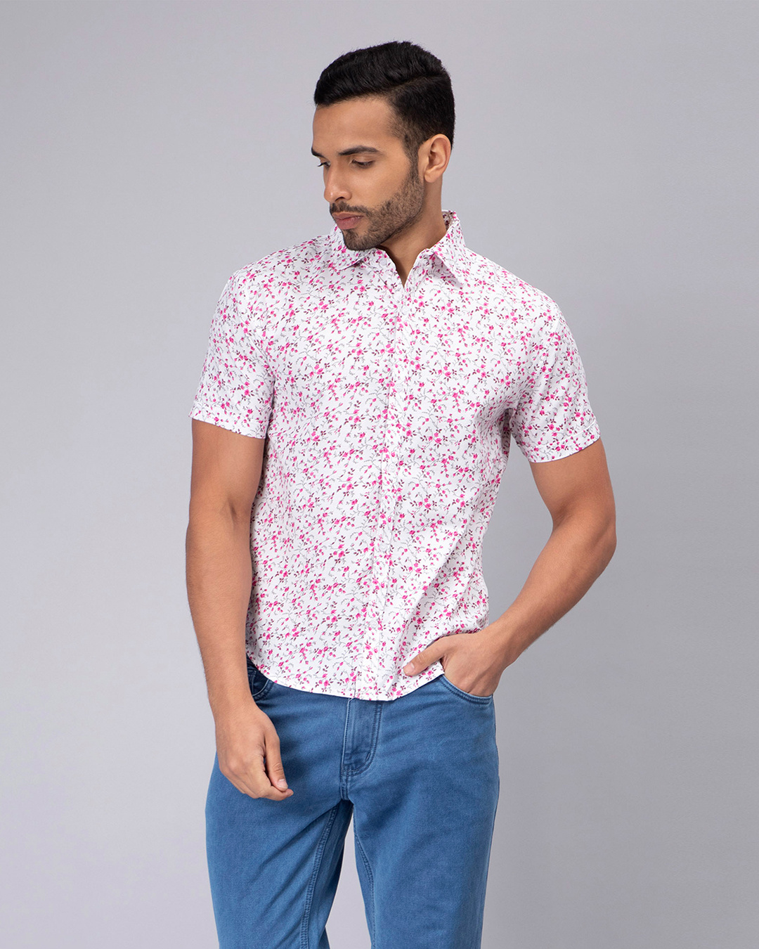 Men's Purple Smart Floral Printed Slim Fit Cotton Shirt
