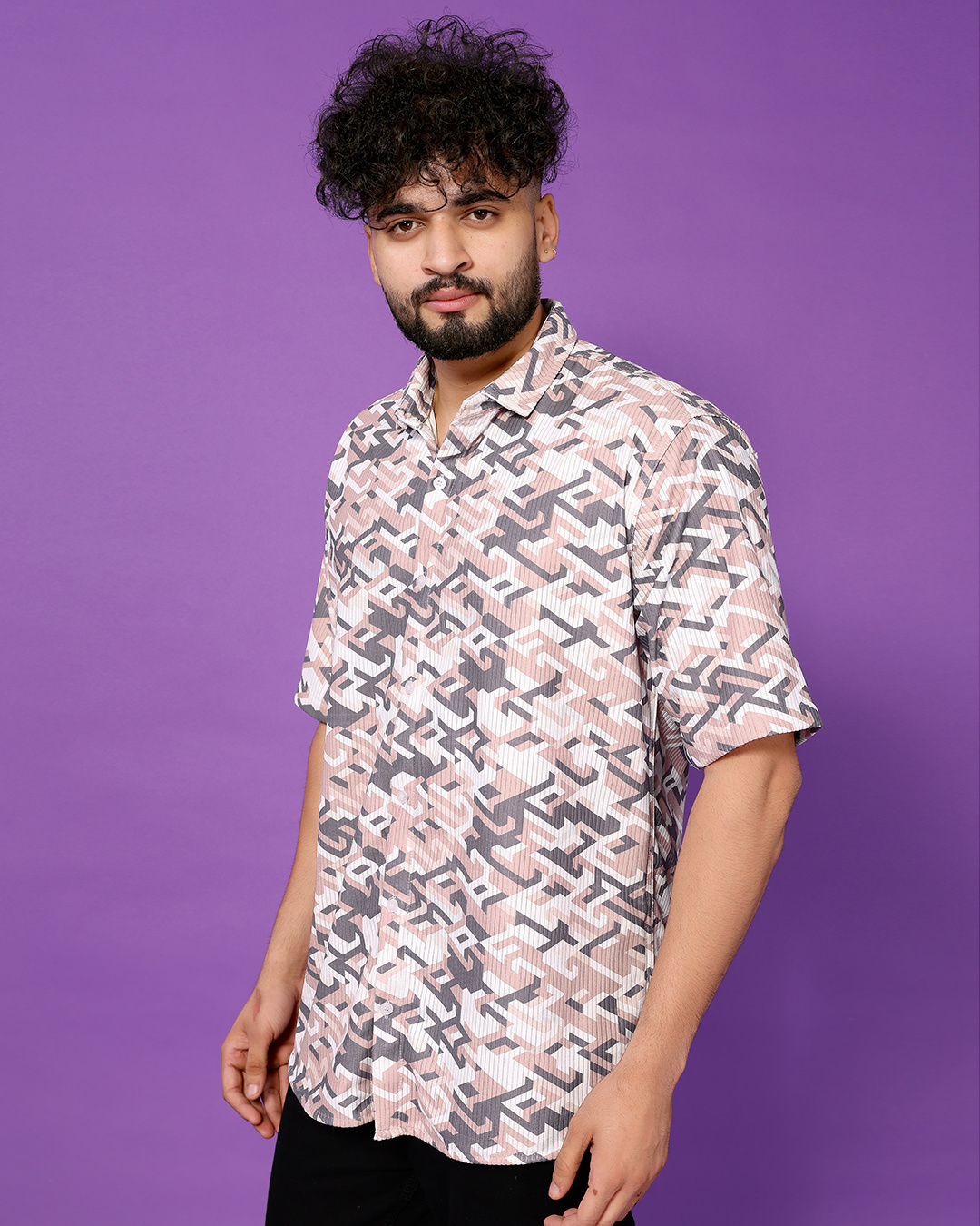 Shop Men's Pink & Grey Corduroy All Over Printed Relaxed Fit Shirt-Back