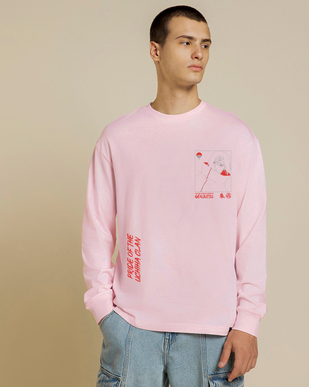 Shop Men's Pink Itachi Uchiha Genjutsu Graphic Printed Oversized T-shirt-Back