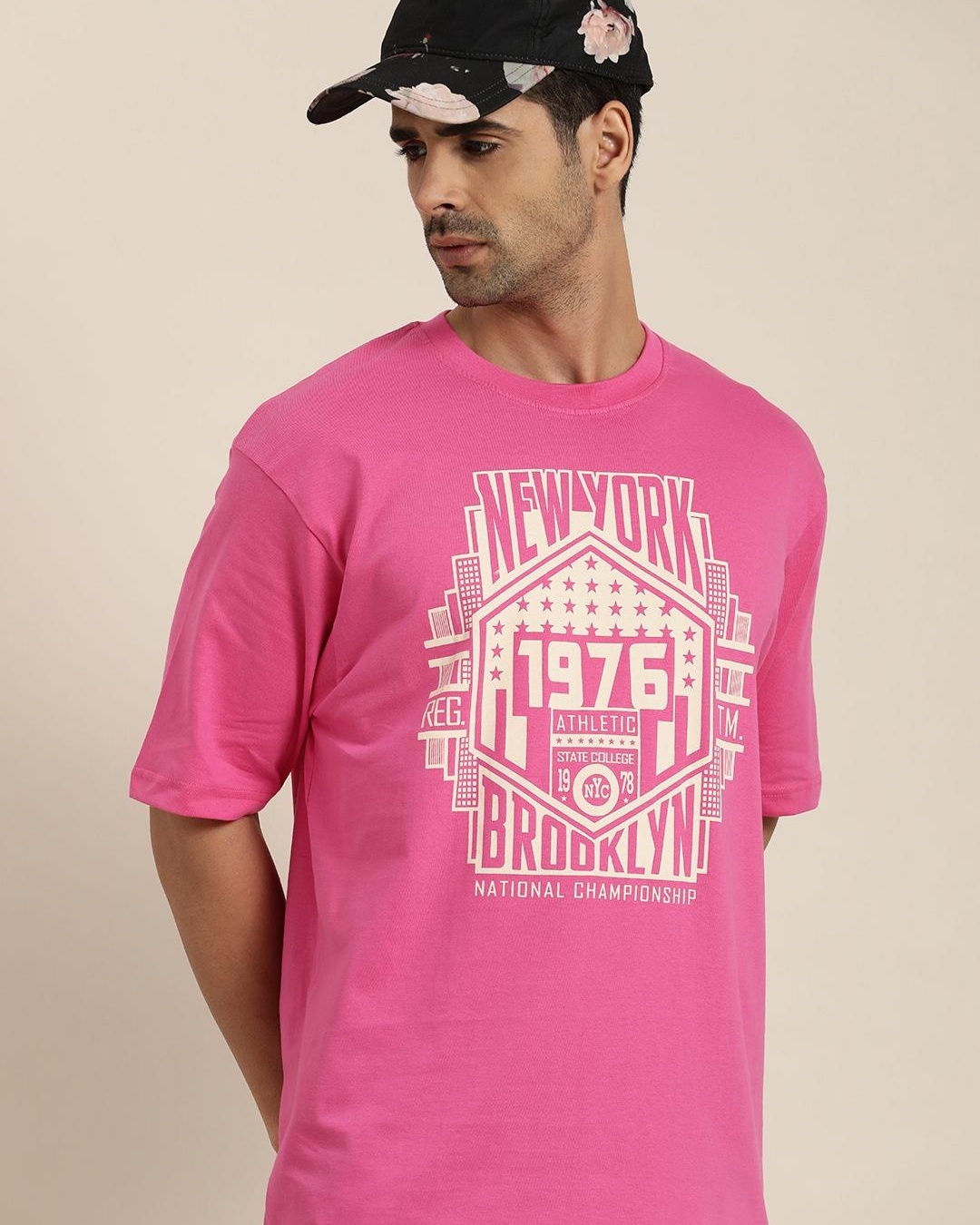 Buy Men's Pink Boston Typography Oversized T-shirt Online at Bewakoof