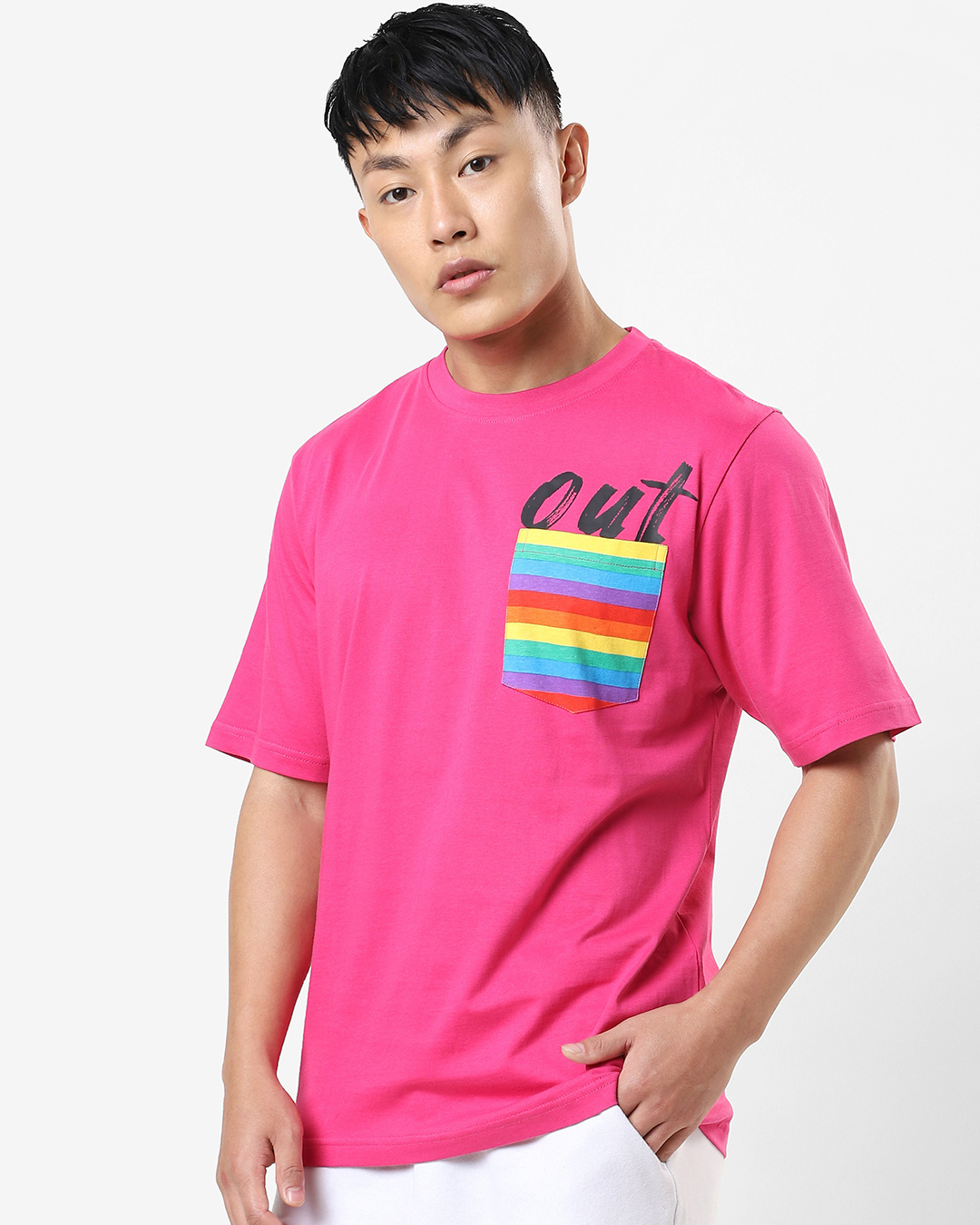 Shop Men's Pink Pocket Out Typography Plus Size Oversized T-shirt-Back