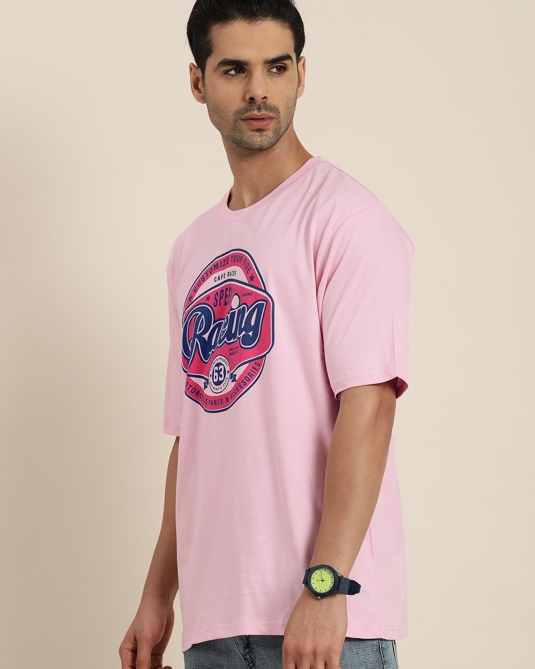 Shop Men's Pink Racing Typography Oversized T-shirt-Back