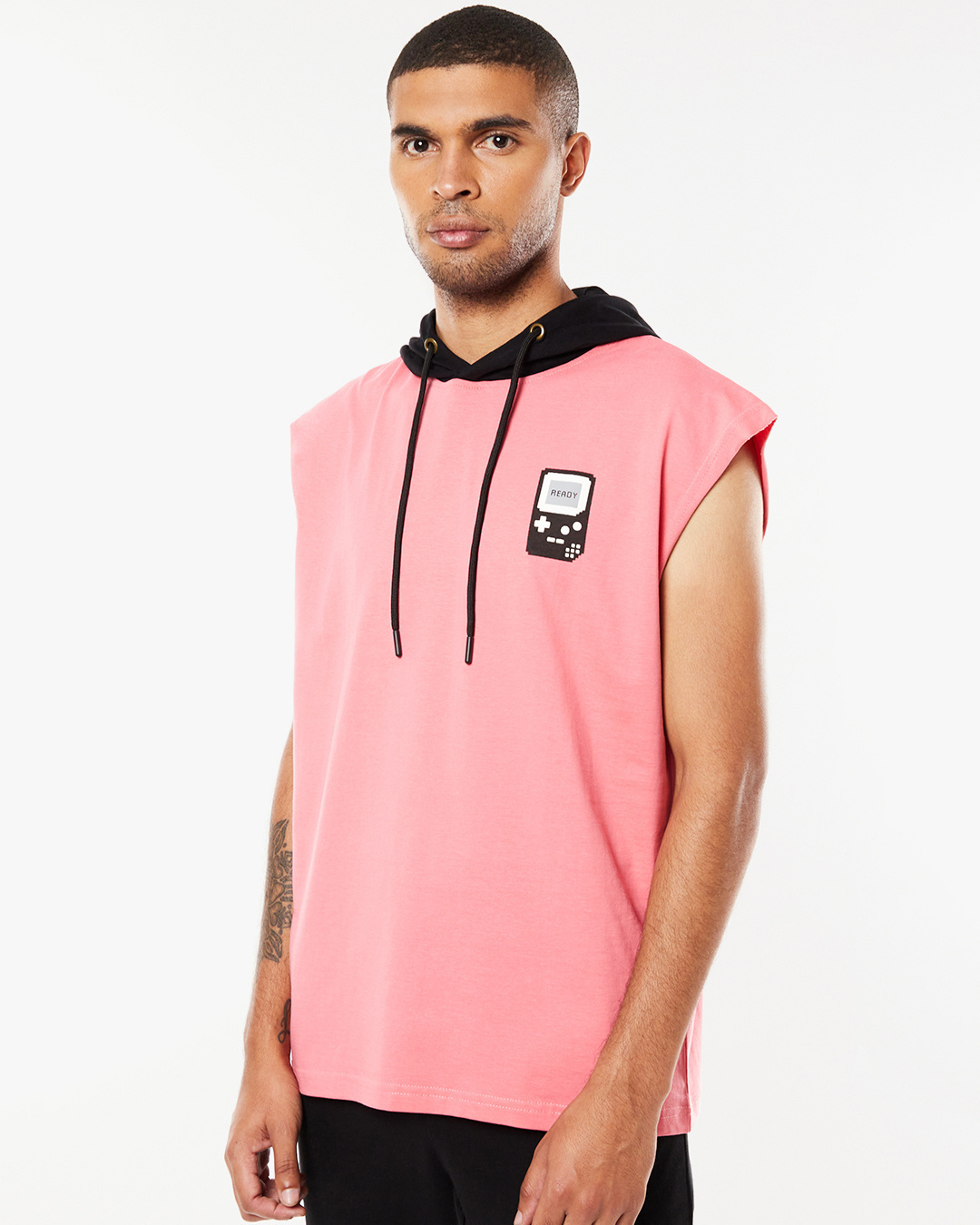 Shop Men's Pink Ready Pocket Printed Oversized Fit Vest Hoodie-Back