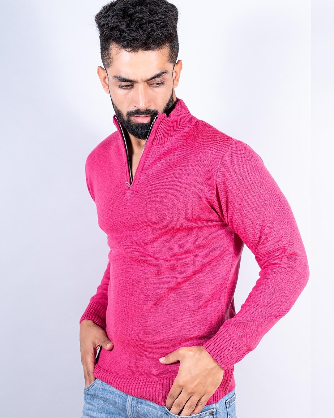 Shop Men's Pink Relaxed Fit Zipper Sweater-Back