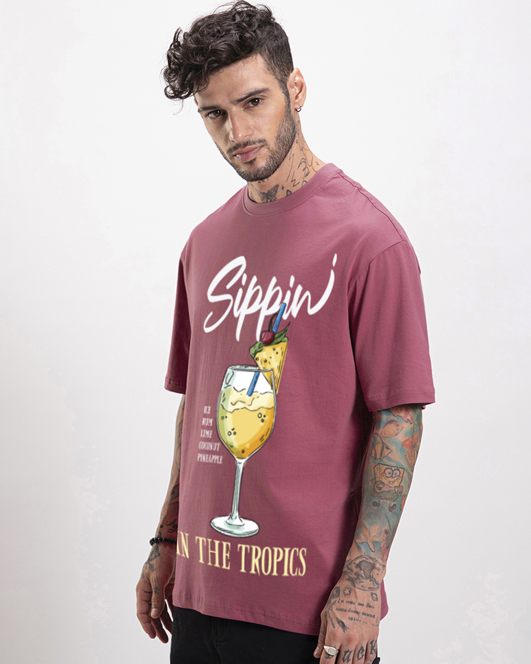 Shop Men's Slate Rose Sippin In The Tropic Graphic Printed Oversized T-shirt-Back