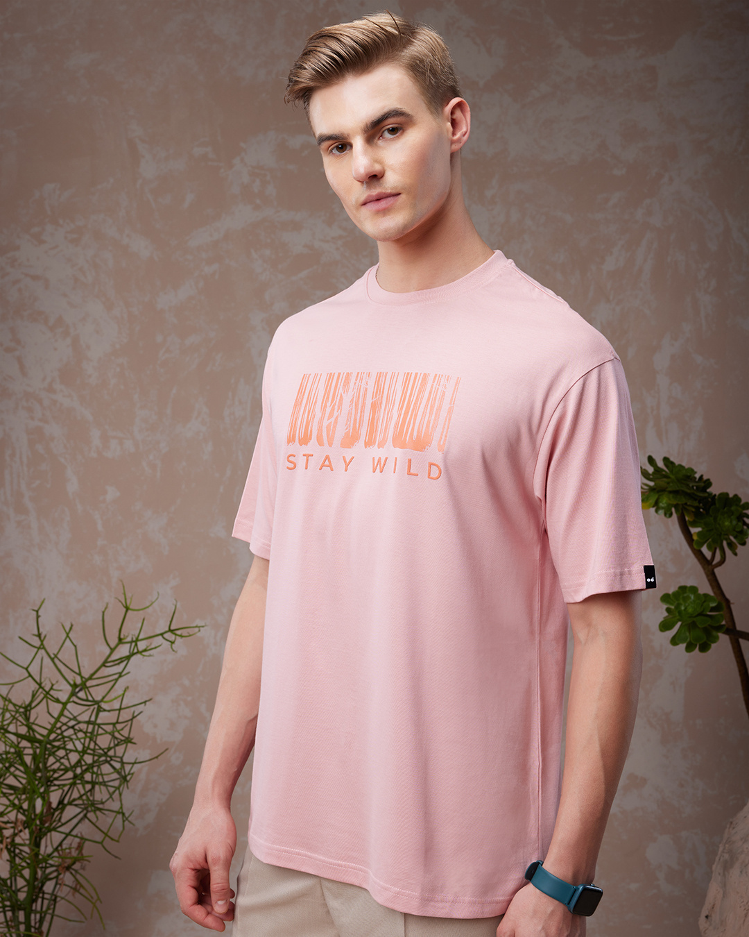 Shop Men's Pink Stay Wild Typography Oversized T-shirt-Back
