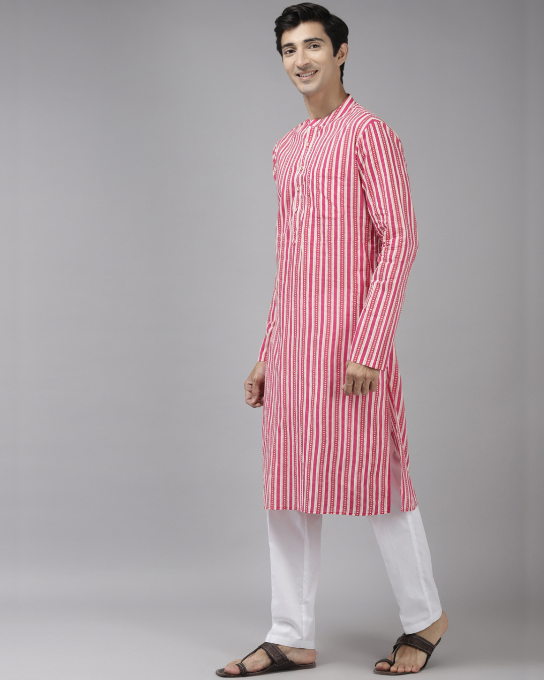 Shop Men's Pink Striped Cotton Kurta-Back