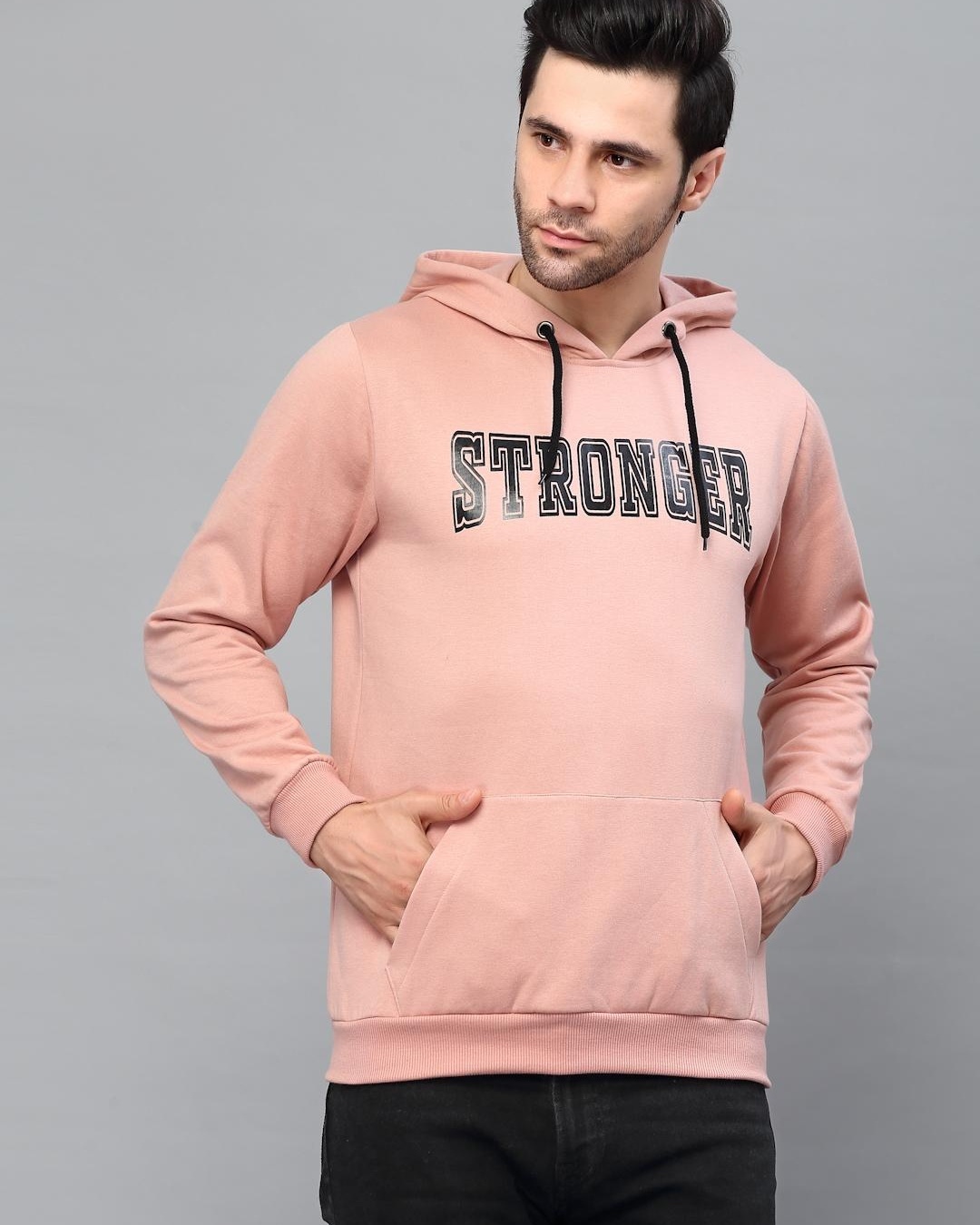 Buy Men's Pink Stronger Typography Slim Fit Hooded Sweatshirt Online at