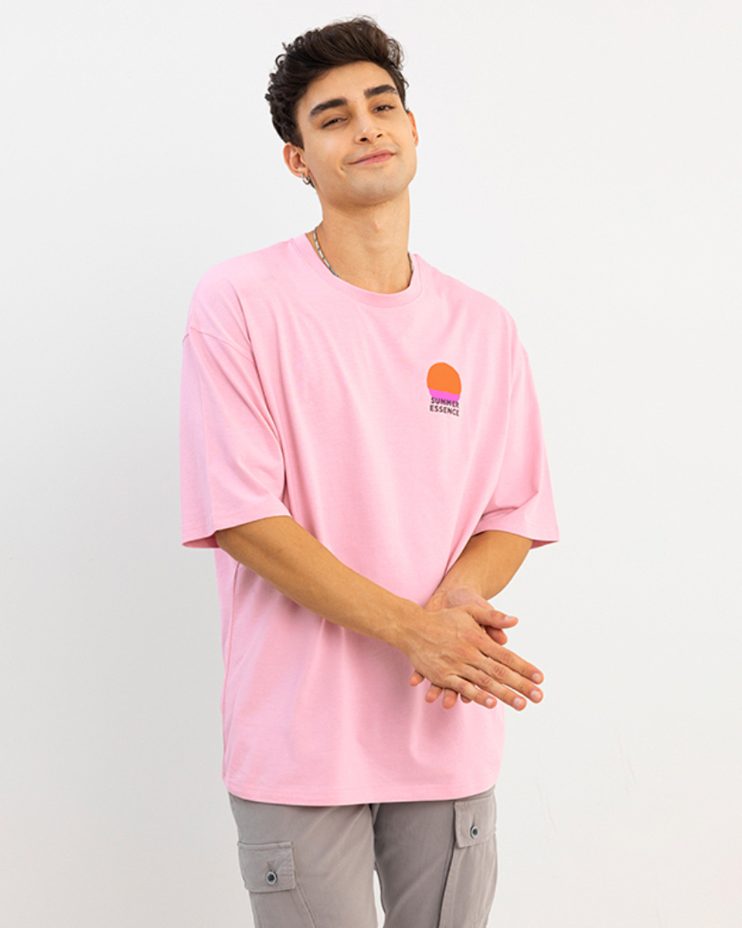 Shop Men's Pink Summer Essence Printed Oversized T-shirt-Back