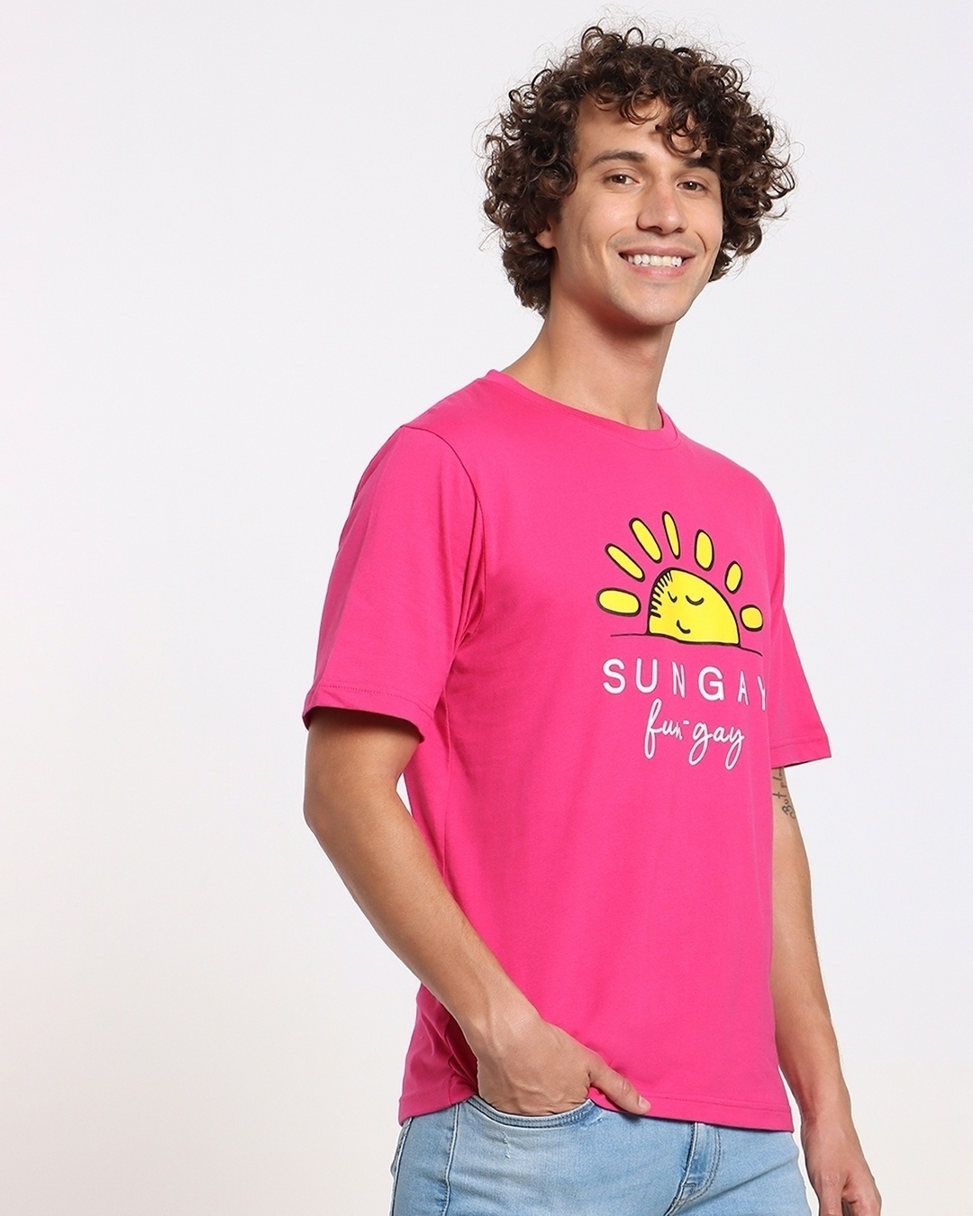 Shop Men's Pink Sungay Typography Oversized Fit T-shirt-Back