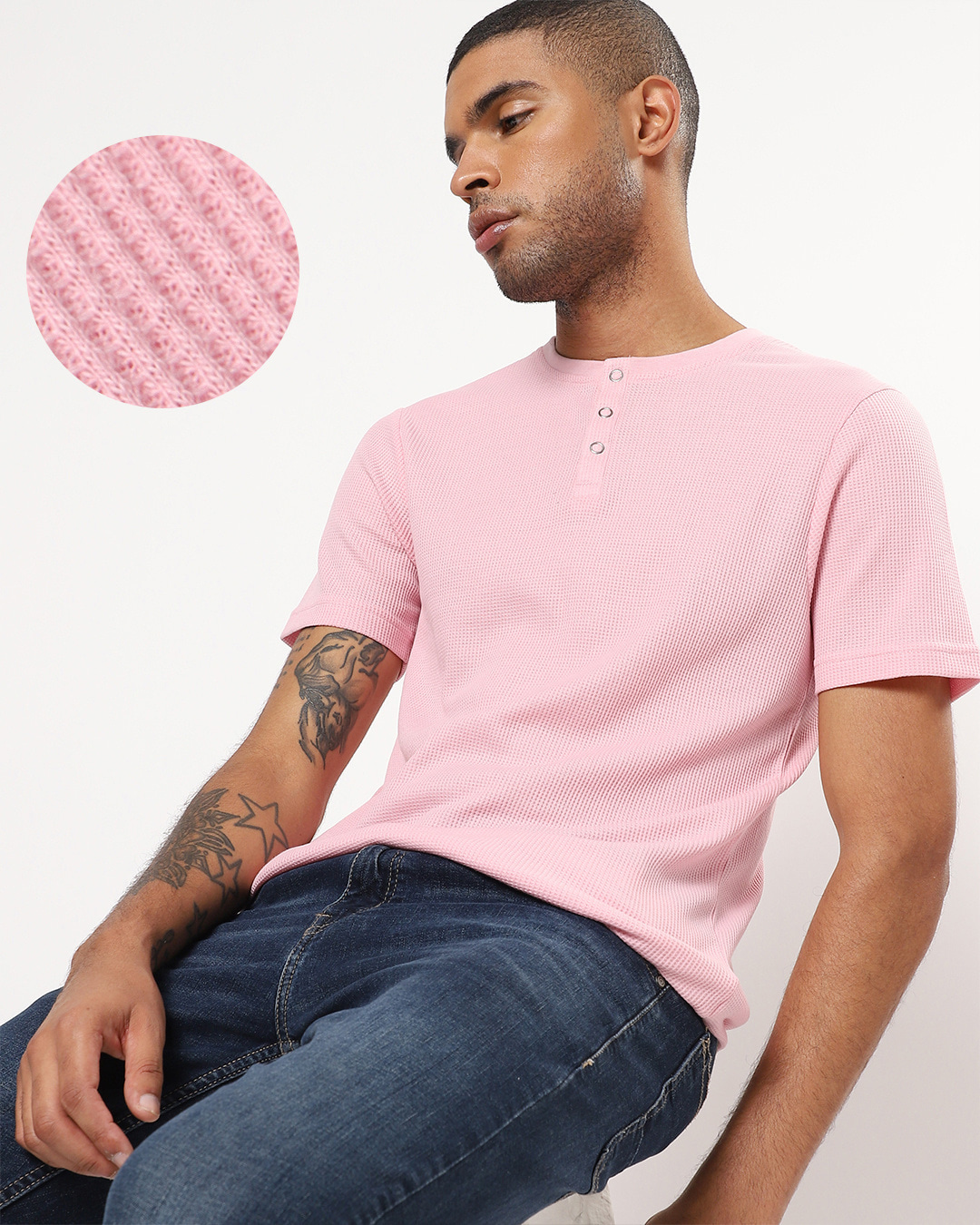 Buy Mens Pink Waffle Henley T Shirt Online At Bewakoof