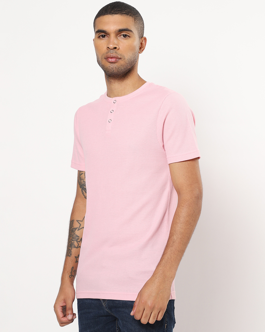 Shop Men's Pink Waffle Henley T-shirt-Back