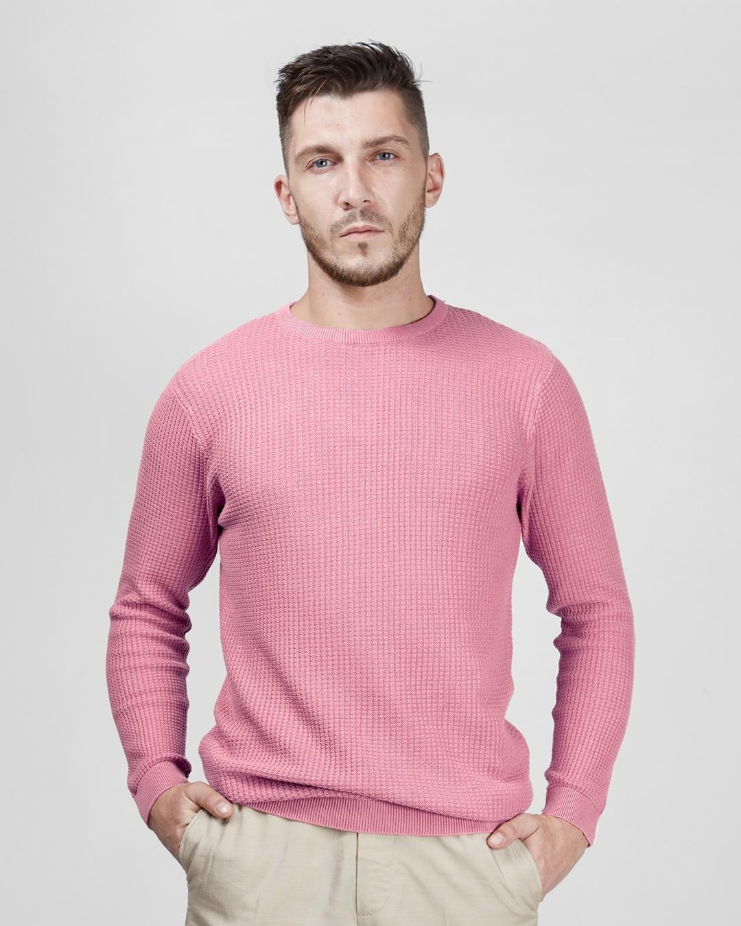 Buy Men's Pink Waffle Self Designed Slim Fit Sweater Online in India at ...