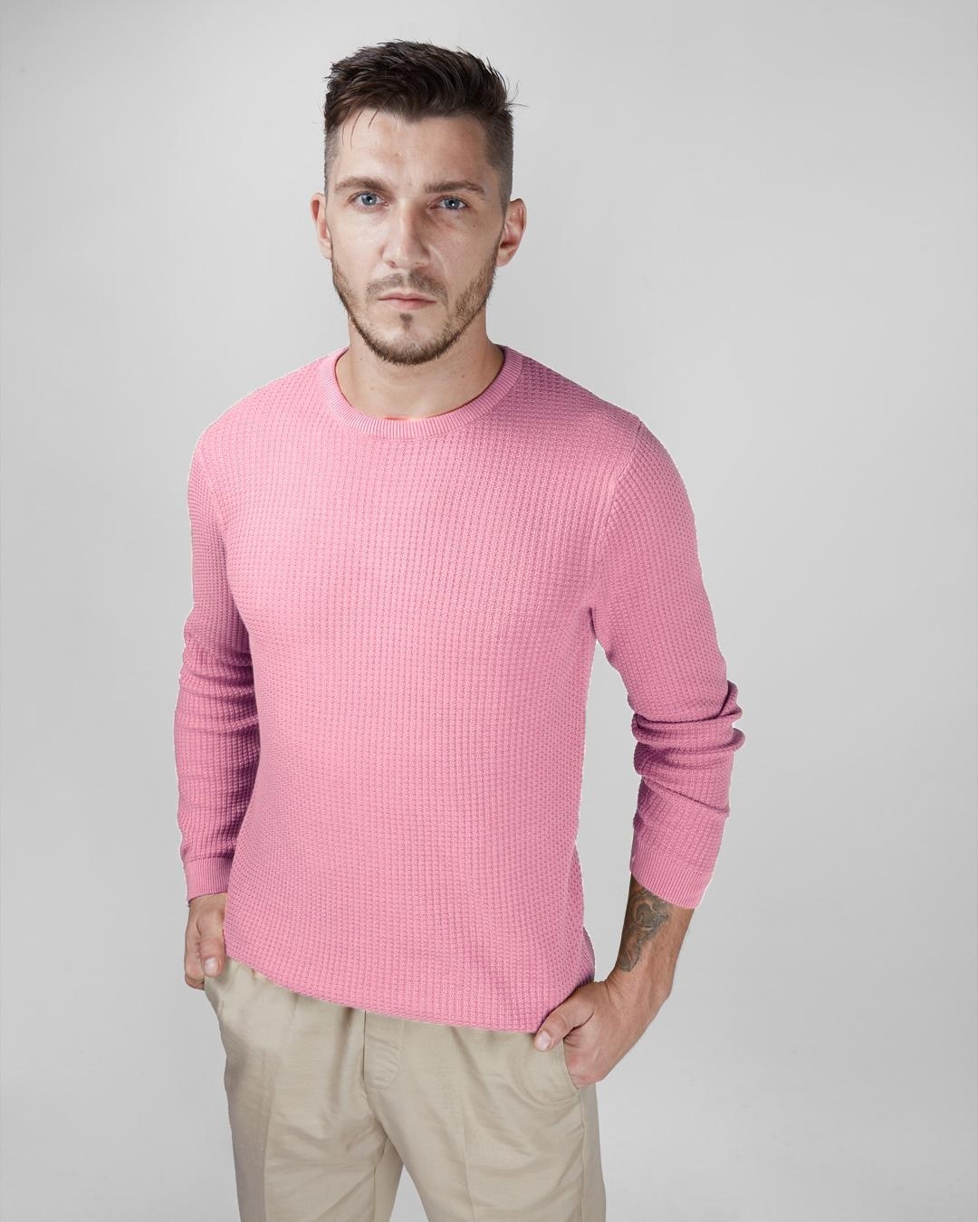 Shop Men's Pink Waffle Self Designed Slim Fit Sweater-Back
