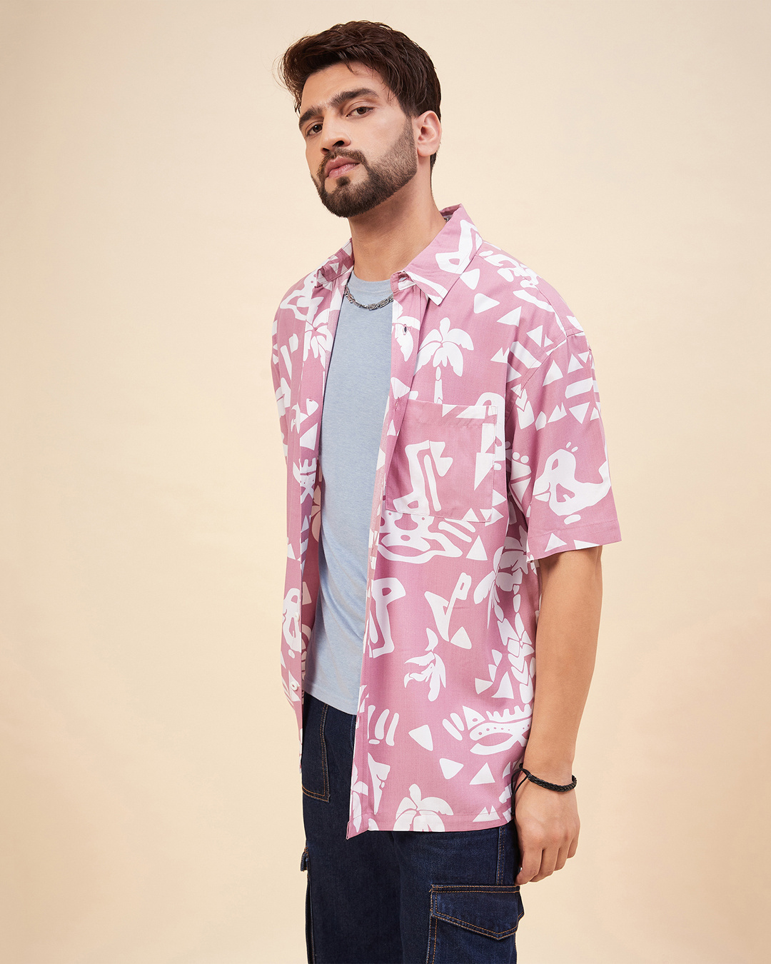 Shop Men's Pink & White All Over Printed Oversized Shirt-Back