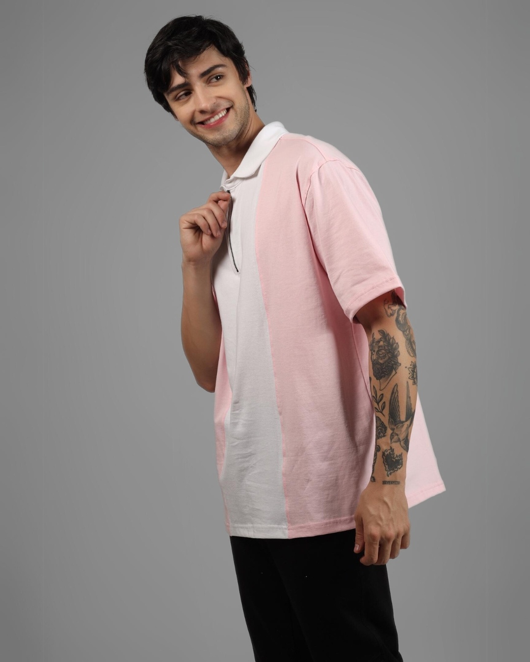 Shop Men's Pink & White Color Block Oversized Polo Zipper T-shirt-Back