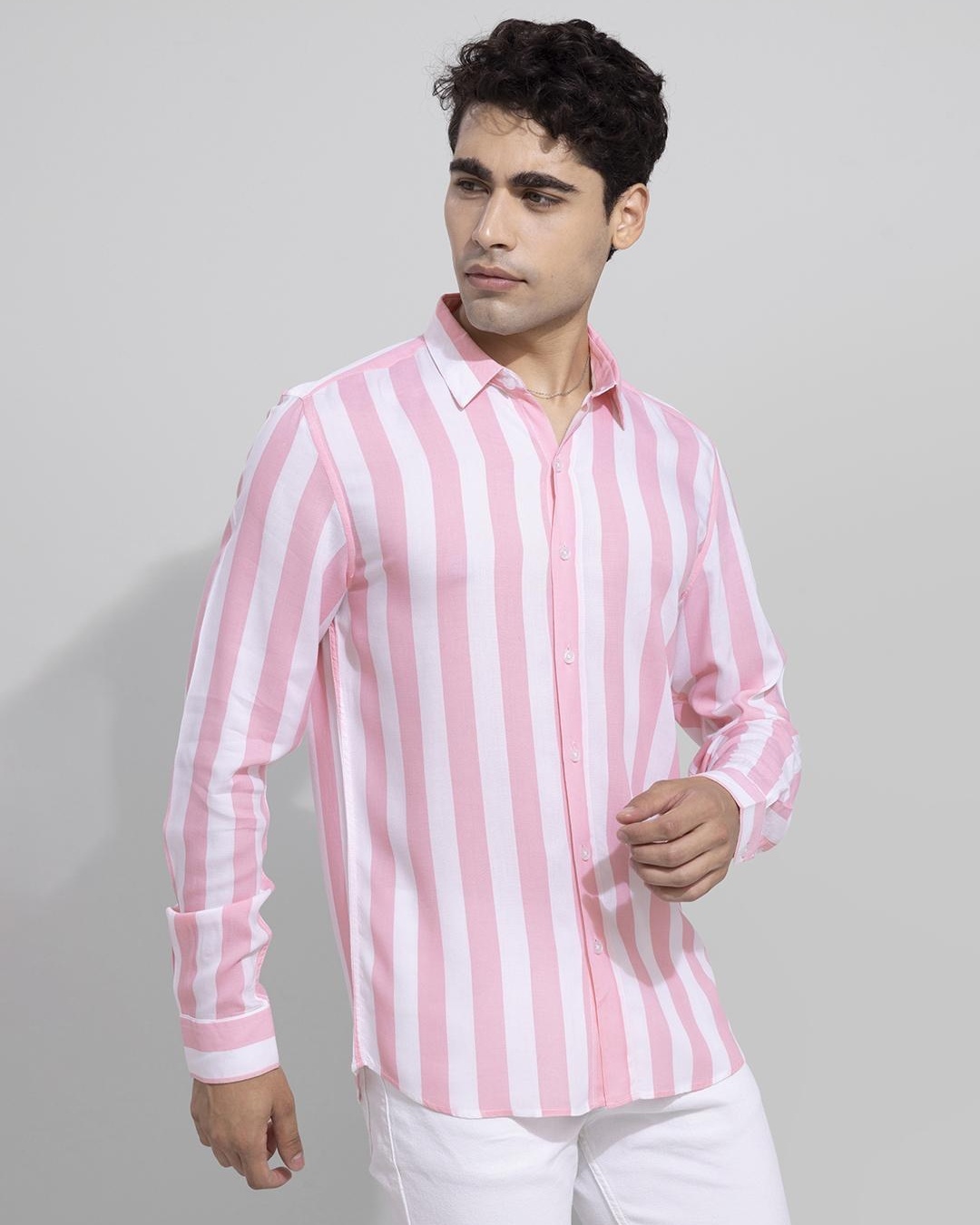 Shop Men's Pink & White Striped Slim Fit Shirt-Back